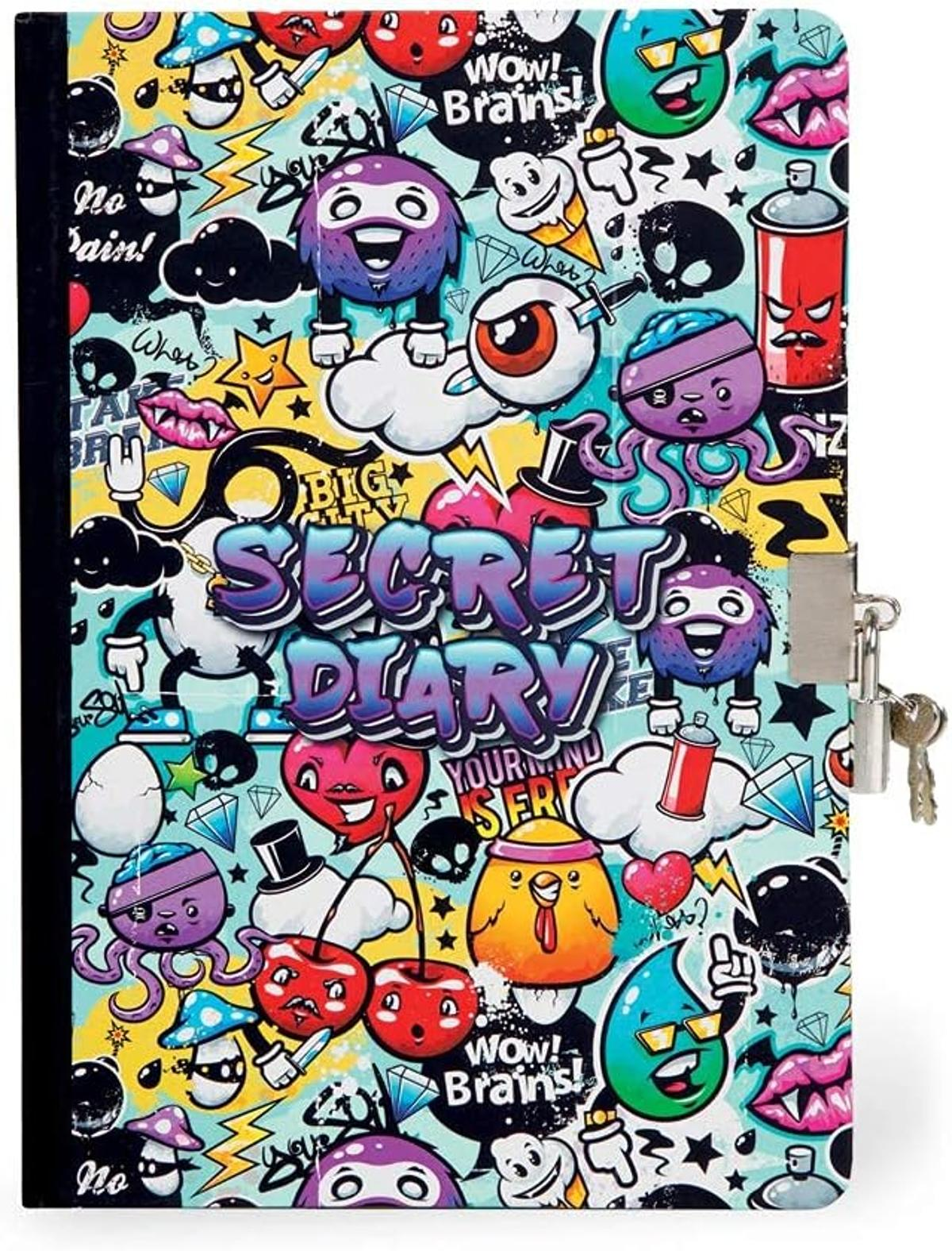 Ein geheimes Tagebuch mit einem bunten Cartoon-Design. Es zeigt verschiedene Kritzeleien, ein Schloss und Schlüssel. Die Worte 'Secret Diary' sind prominent.