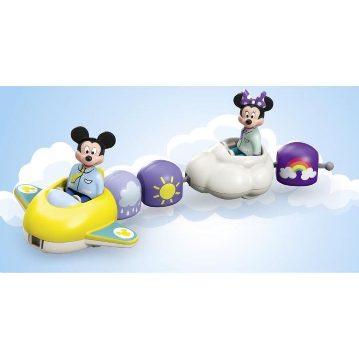 Mickey Mouse in a yellow plane and Minnie Mouse in a cloud car. Purple train cars with sun, rain, and rainbow details.