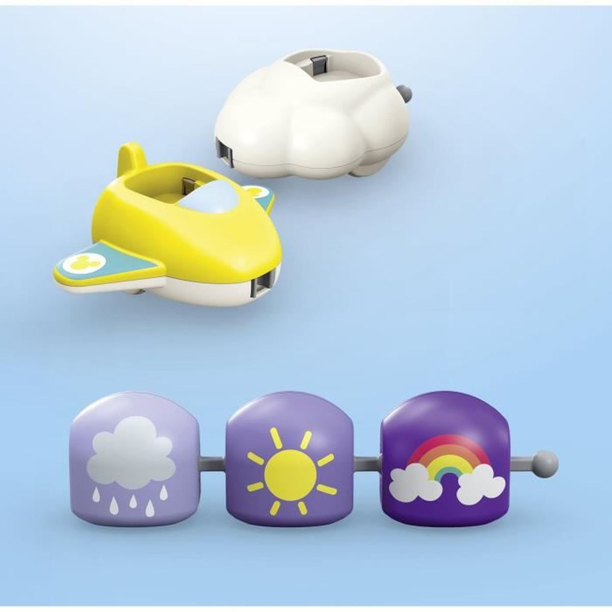 Yellow toy airplane, white cloud, and purple weather icons with rain, sun, and rainbow on a blue background.