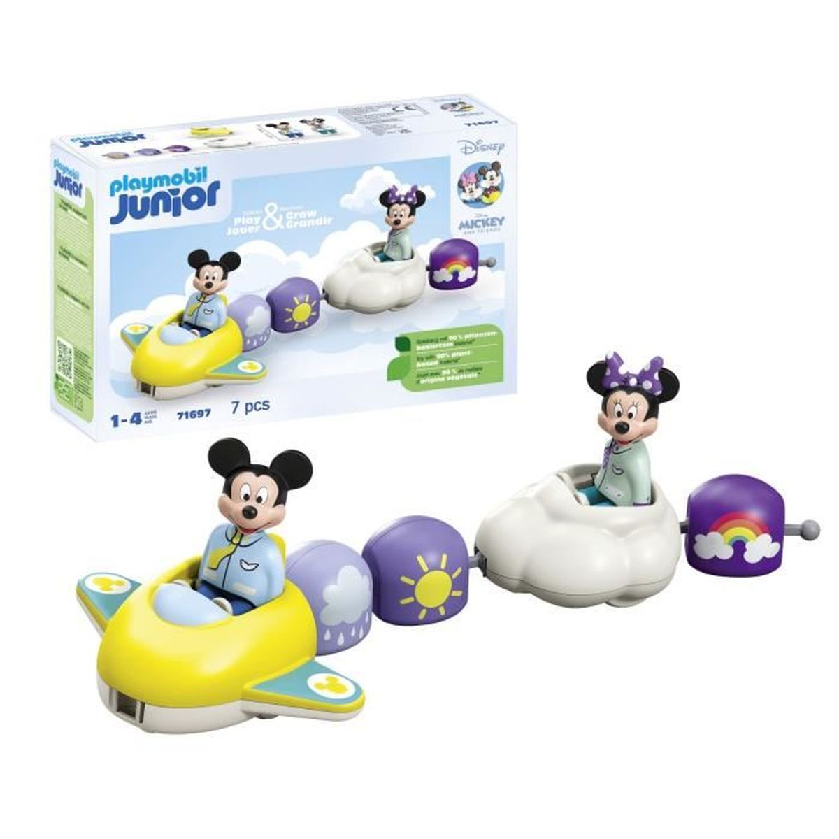Playmobil Junior set with Mickey and Minnie Mouse figures. Mickey in a yellow plane, Minnie in a cloud. Purple sun, rainbow toys.