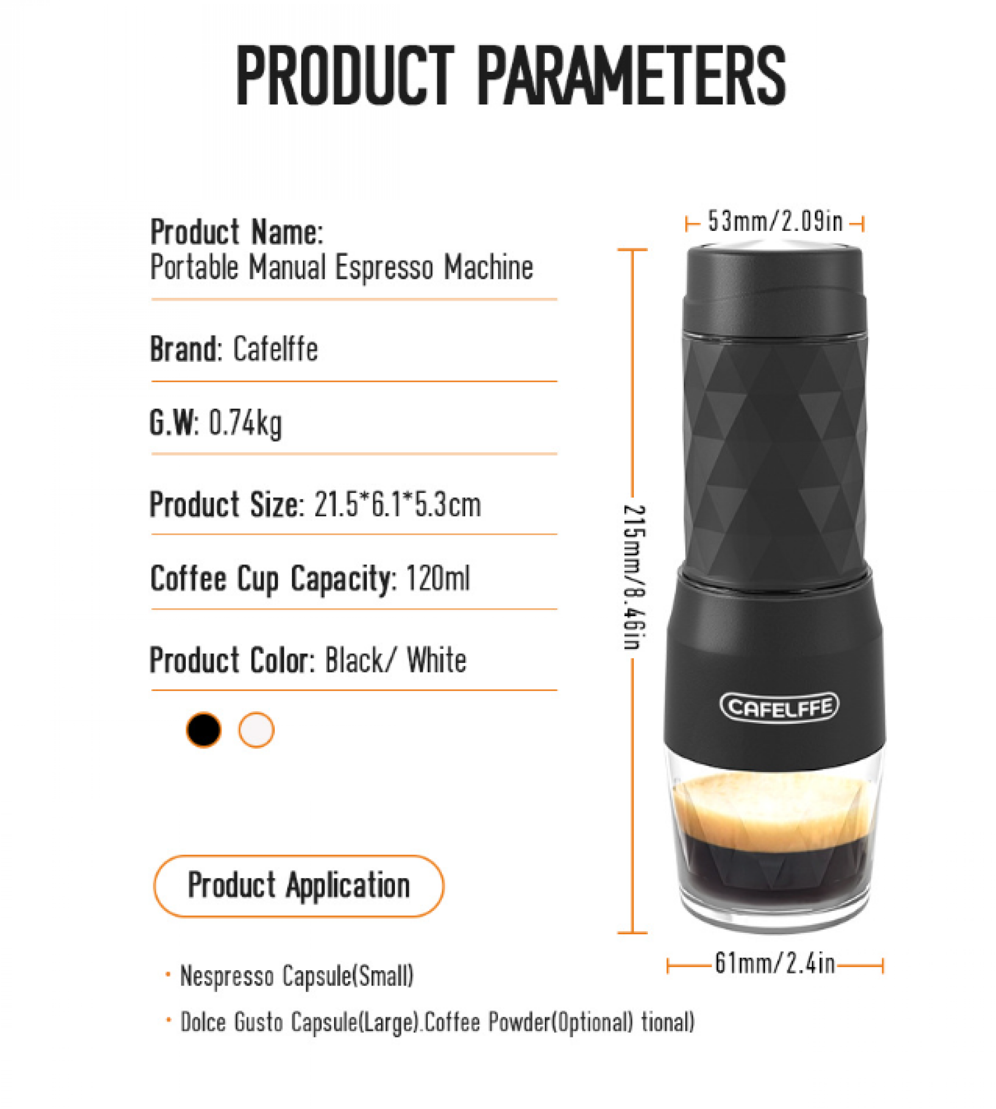 Das Bild zeigt eine schwarze tragbare Espressomaschine. Der Text enthält Produktdetails wie Marke, Größe und Becherkapazität.