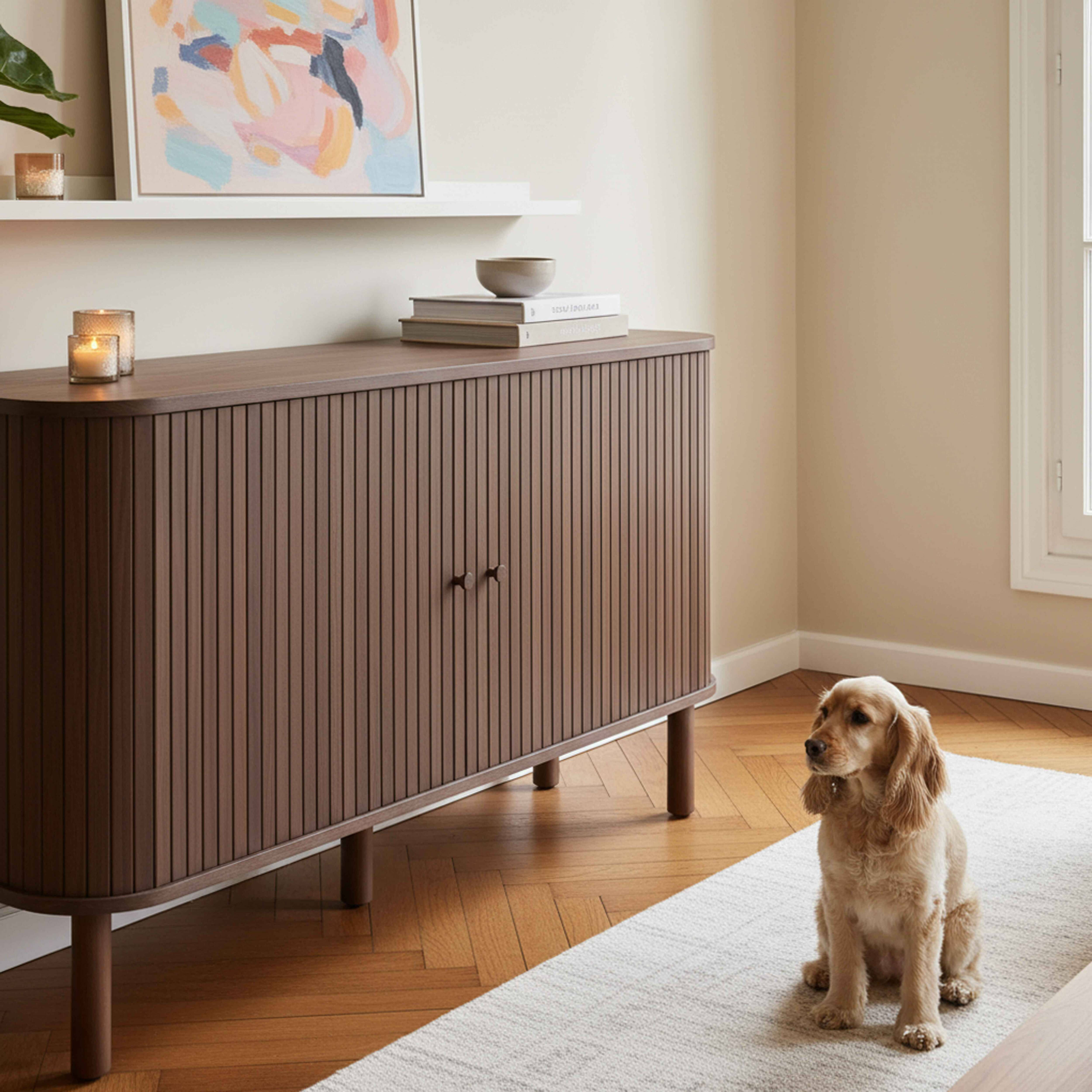 Ein goldener Cocker Spaniel sitzt auf einem Teppich in der Nähe eines braunen Holzschranks. Über dem Schrank hängt ein abstraktes Gemälde.