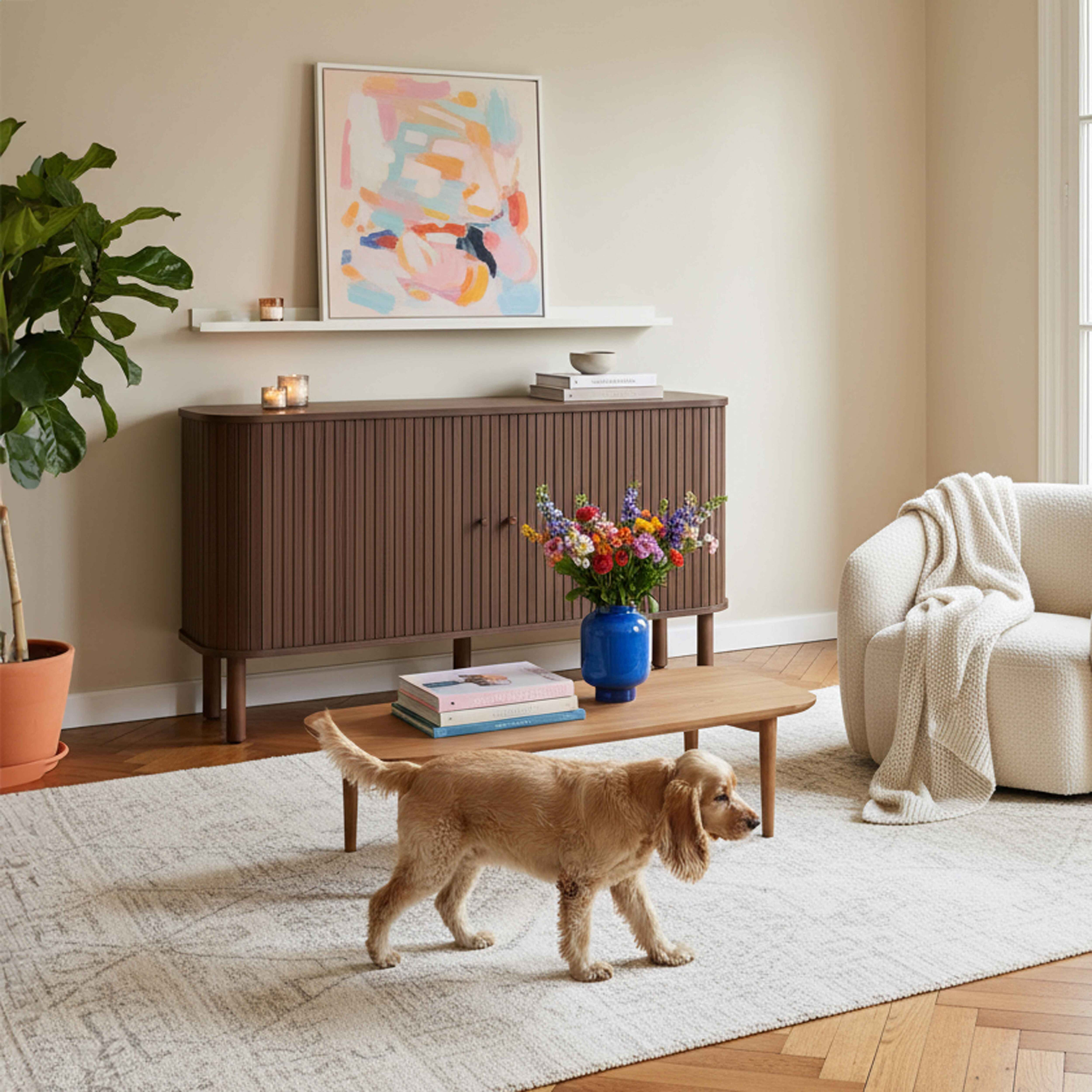 Ein Hund geht auf einem Teppich in einem Wohnzimmer. Ein Schrank, Kunst und Blumen sind im Hintergrund.