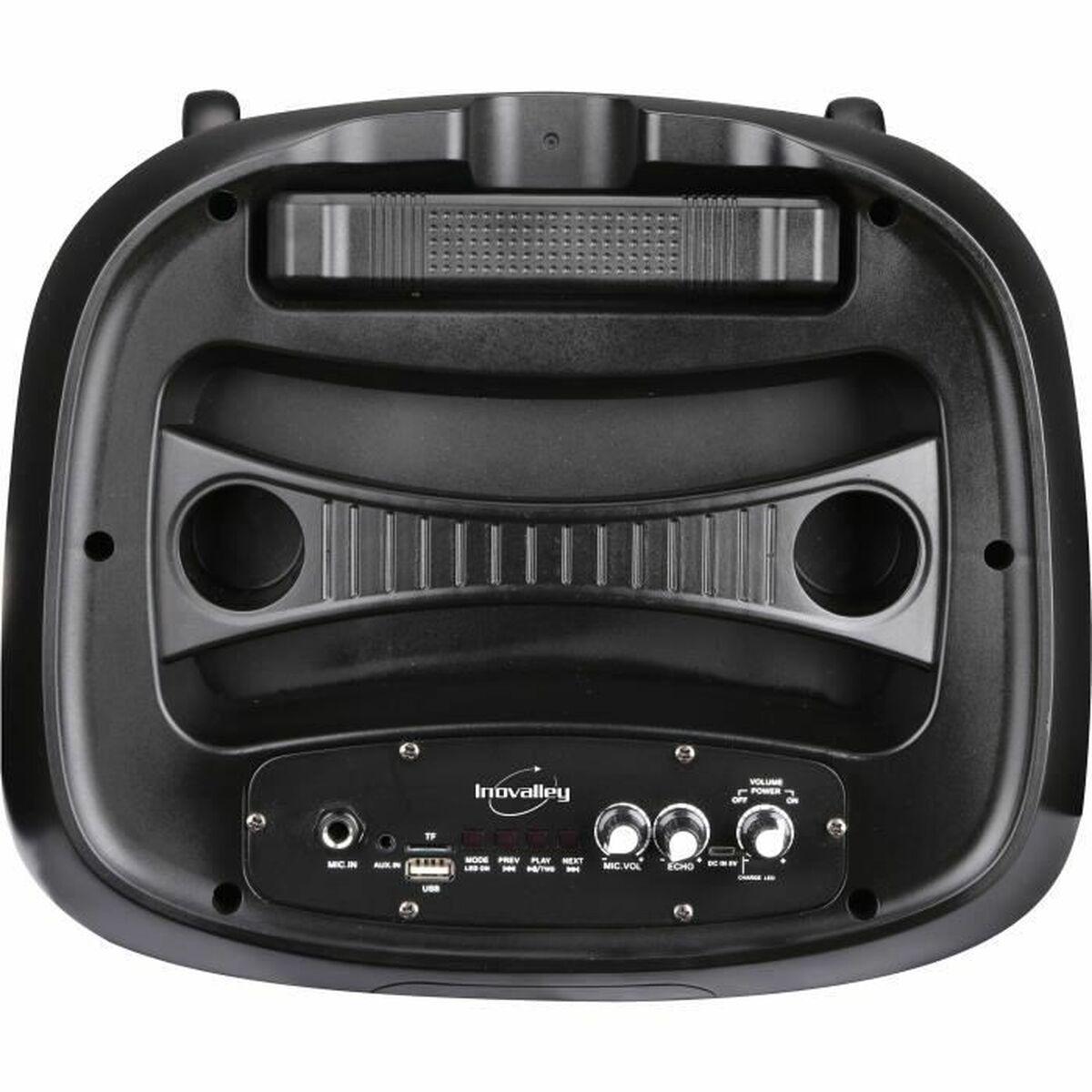 Ein schwarzer Lautsprecher mit Griff, Knöpfen und Anschlüssen. Enthält Lautstärke- und Echo-Regler, USB- und Audioeingangsoptionen.