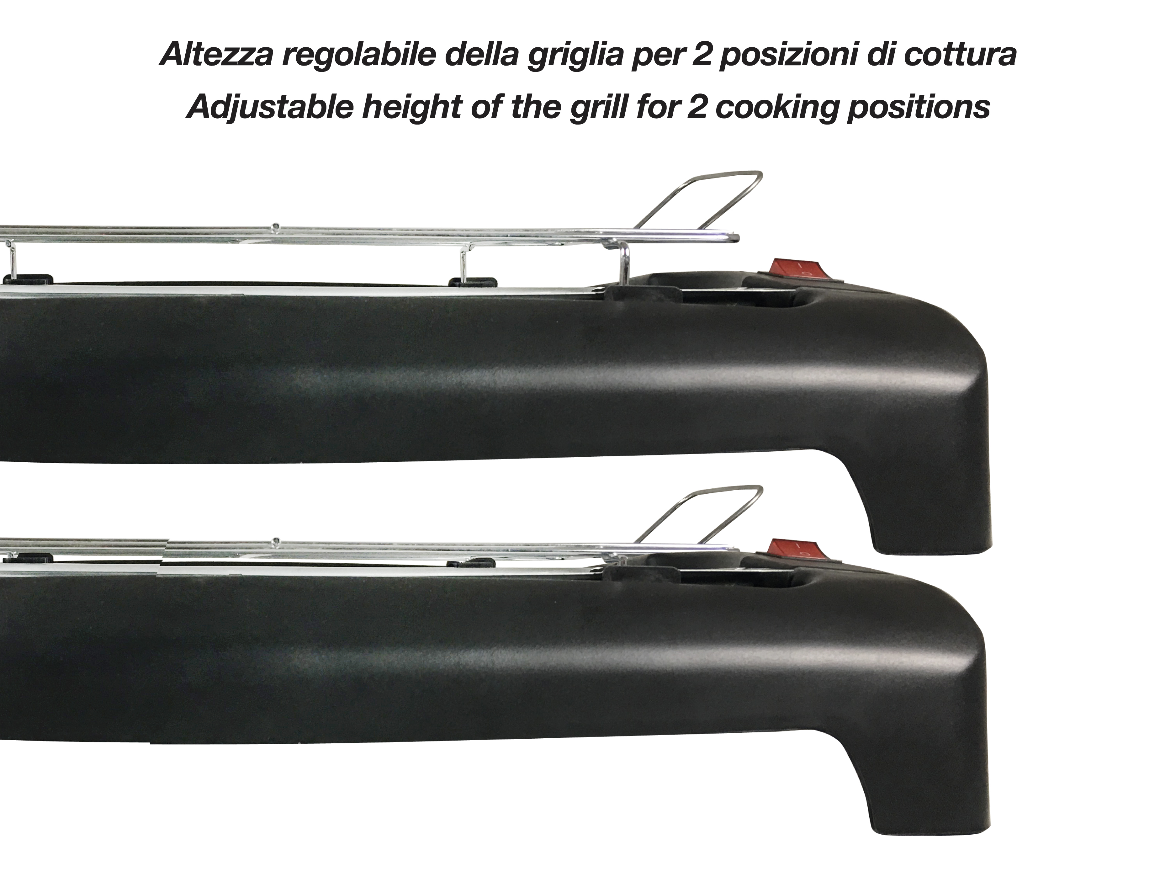 Czarny grill z regulowaną wysokością, metalowy grill, czerwony włącznik i tekst. Białe tło.