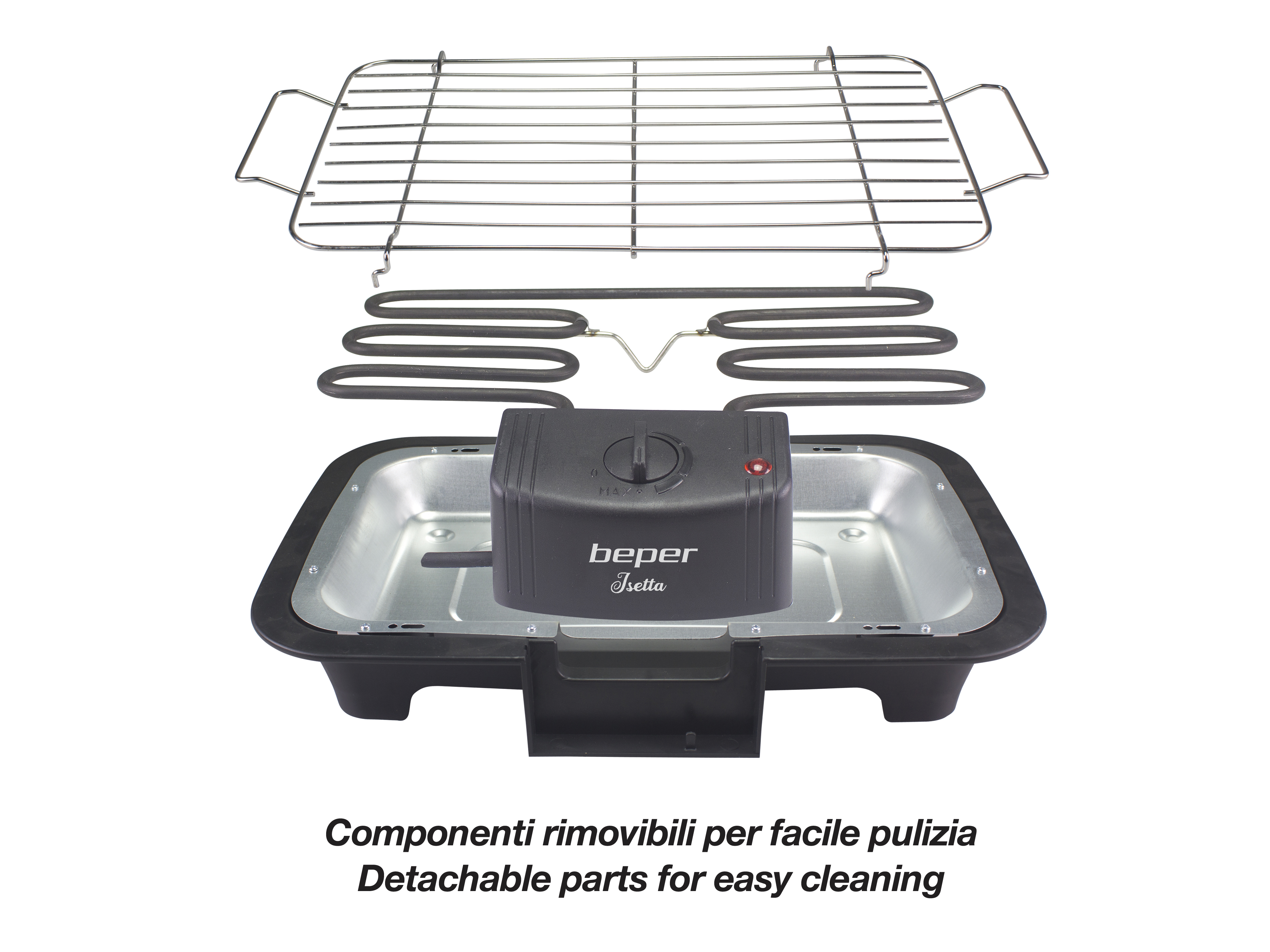 Grill elektryczny z odłączanymi częściami. Zawiera ruszt, element grzejny i podstawę z panelem sterowania. Białe tło.