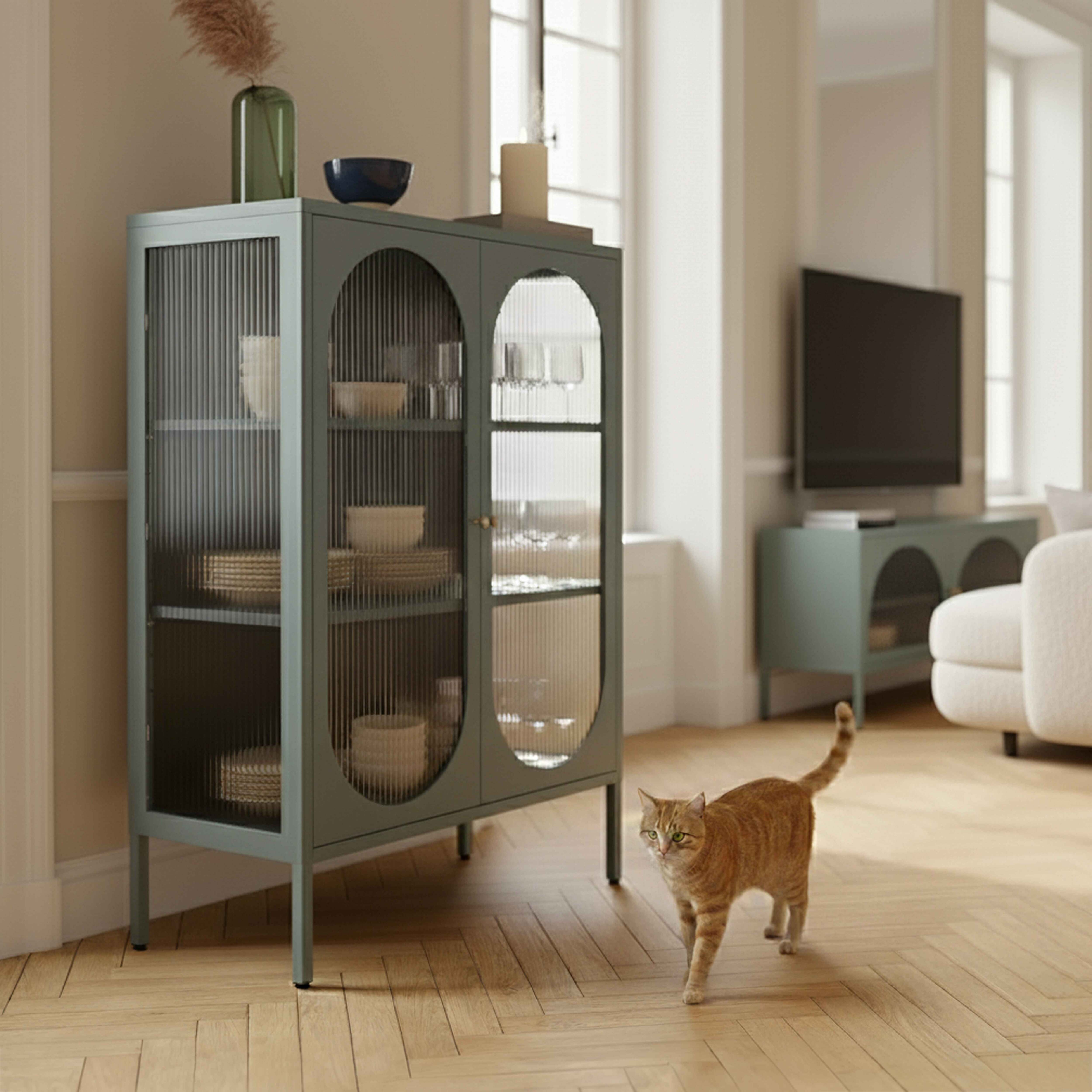 Eine Katze geht auf einem Holzboden. Links ist ein Schrank mit Glastüren. Im Hintergrund ist ein Fernseher zu sehen.