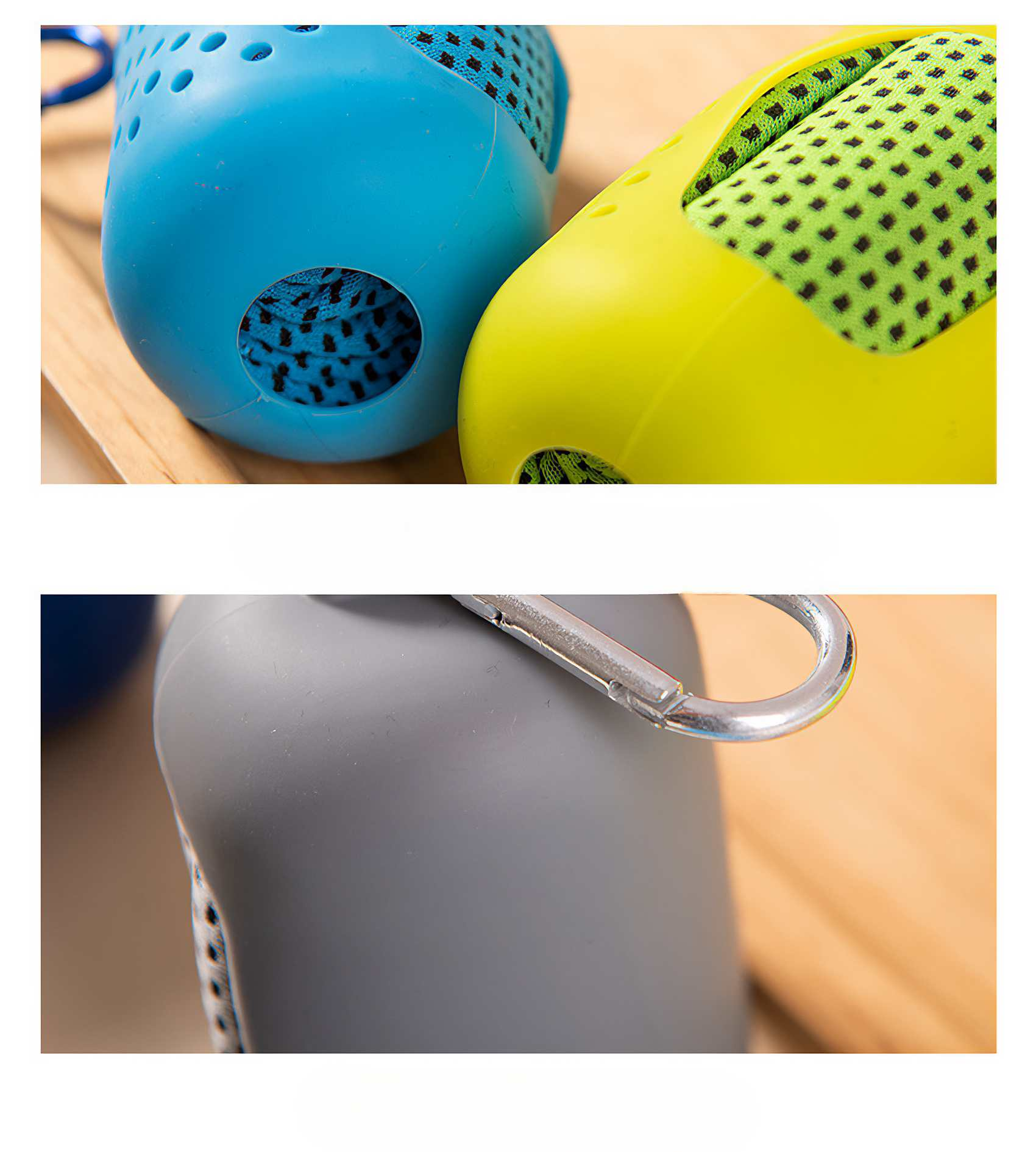Nahaufnahme von drei zylindrischen Objekten. Zwei sind blau und gelb, mit Netzeinsätzen. Eines ist grau mit einem Karabiner.