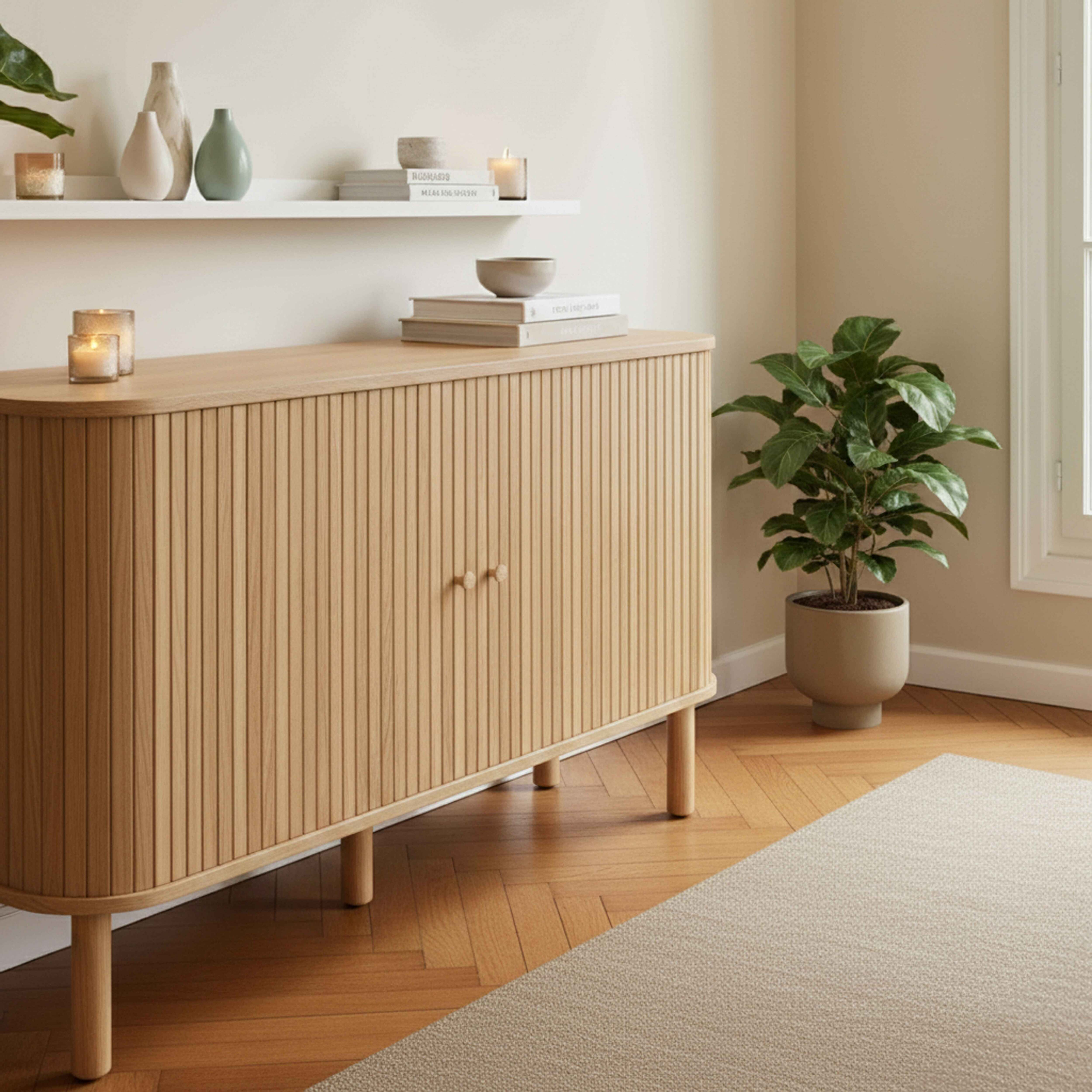 Holzschrank mit vertikalen Linien, Pflanze, Regal mit Vasen und Büchern, Kerzen, Teppich und Holzfußboden.