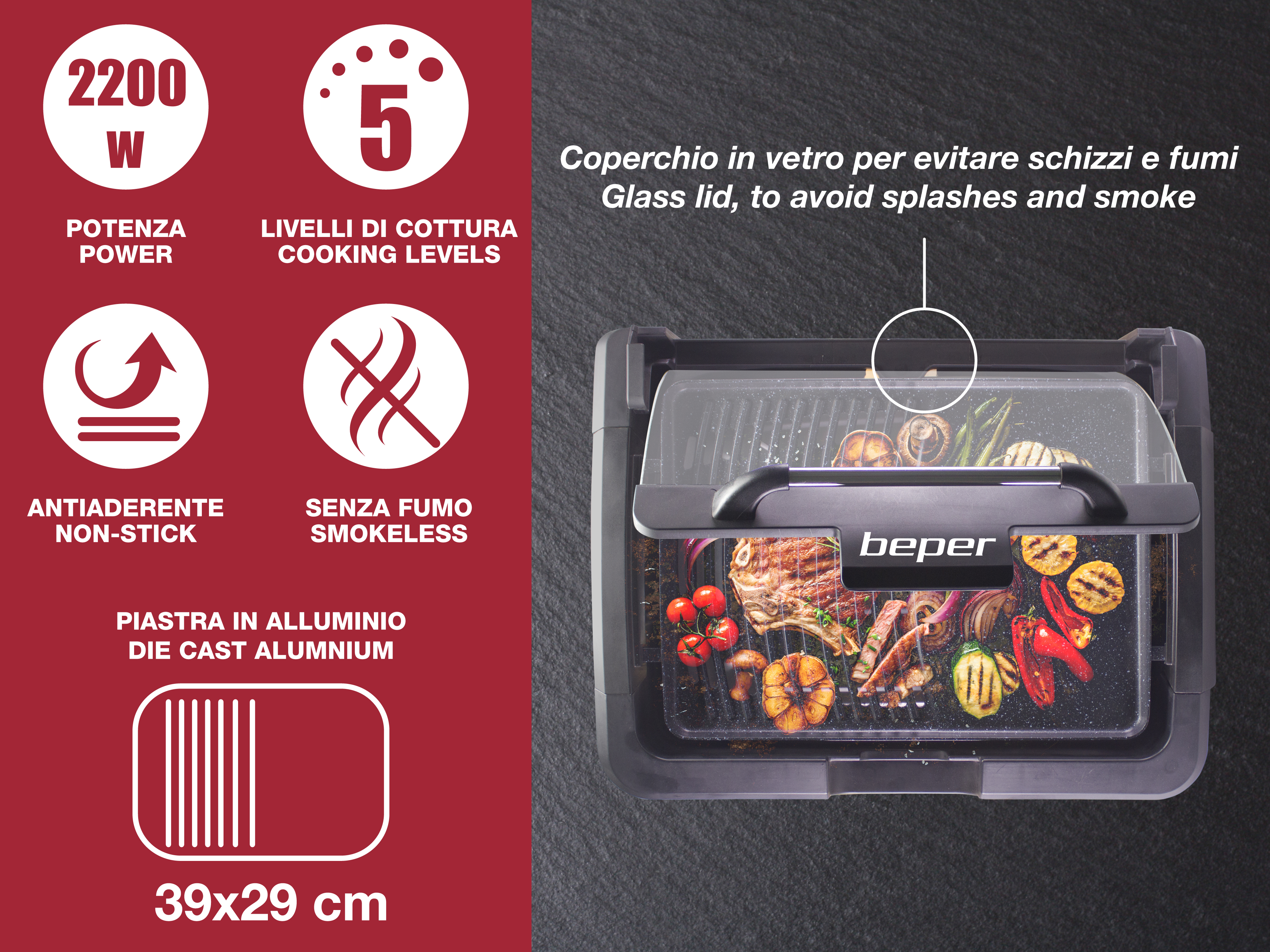 Elektrischer Grill mit Glasdeckel. Er hat Leistung und Kochstufen. Gemüse und Fleisch werden darauf gegrillt.