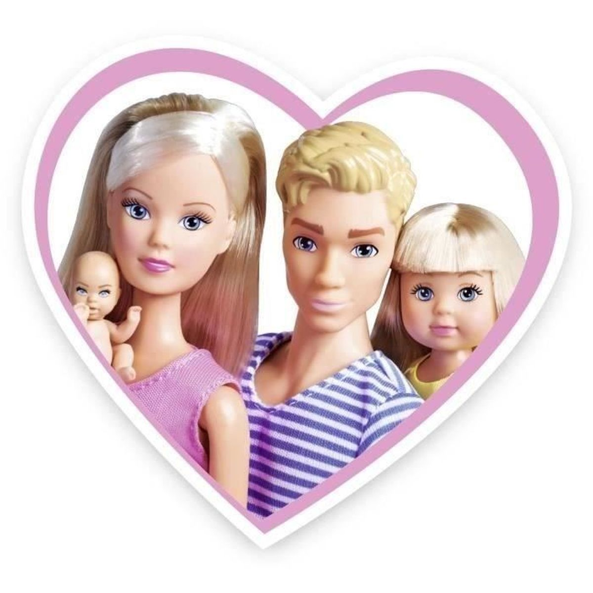 Una famiglia di bambole all'interno di una cornice a forma di cuore. Una donna tiene in braccio una bambola. Presenti anche un uomo e una bambola bambina.