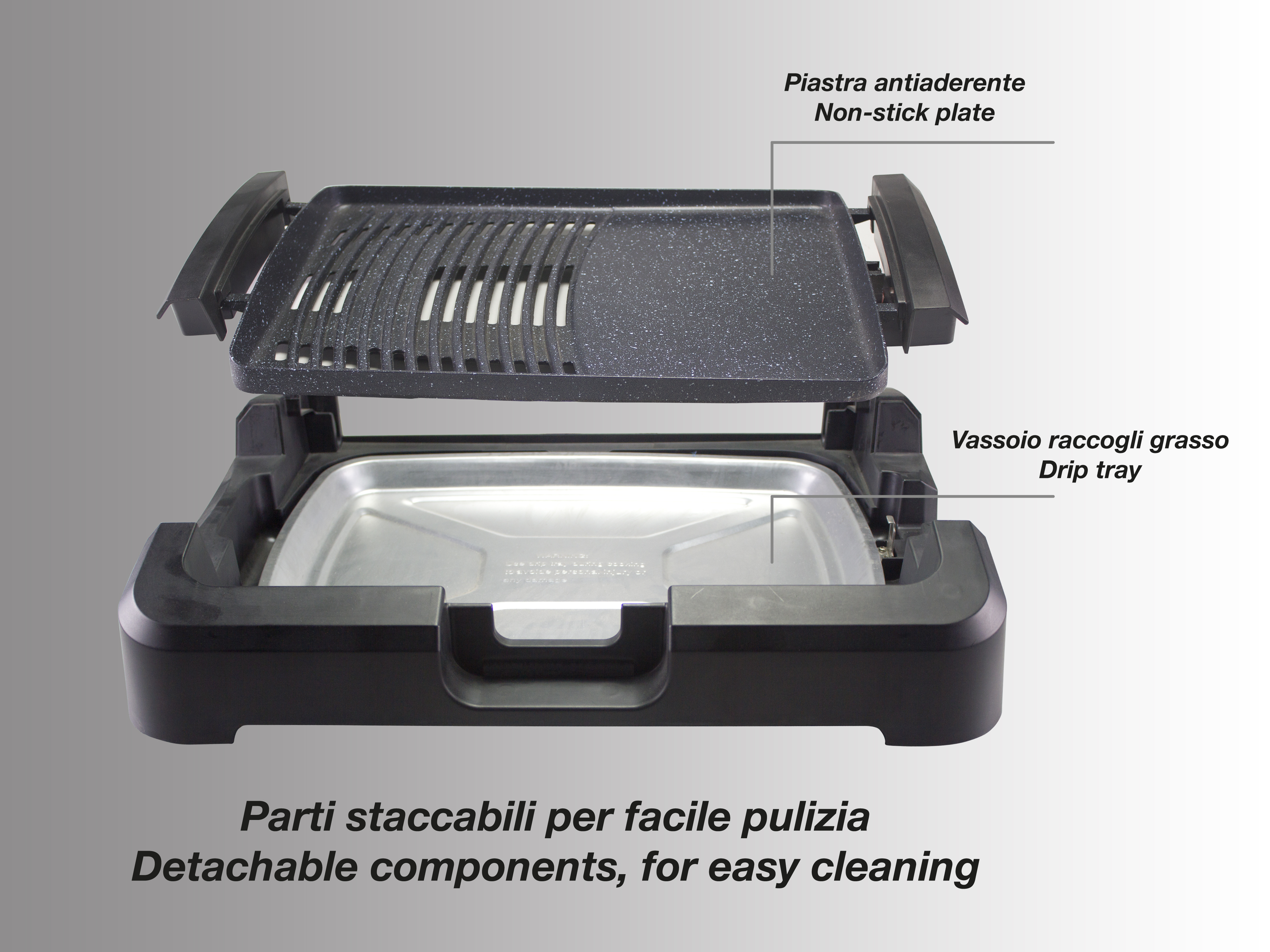 Elektrischer Grill mit Antihaft-Oberfläche, Tropfschale und abnehmbaren Teilen. Schwarz und Silber mit Text.