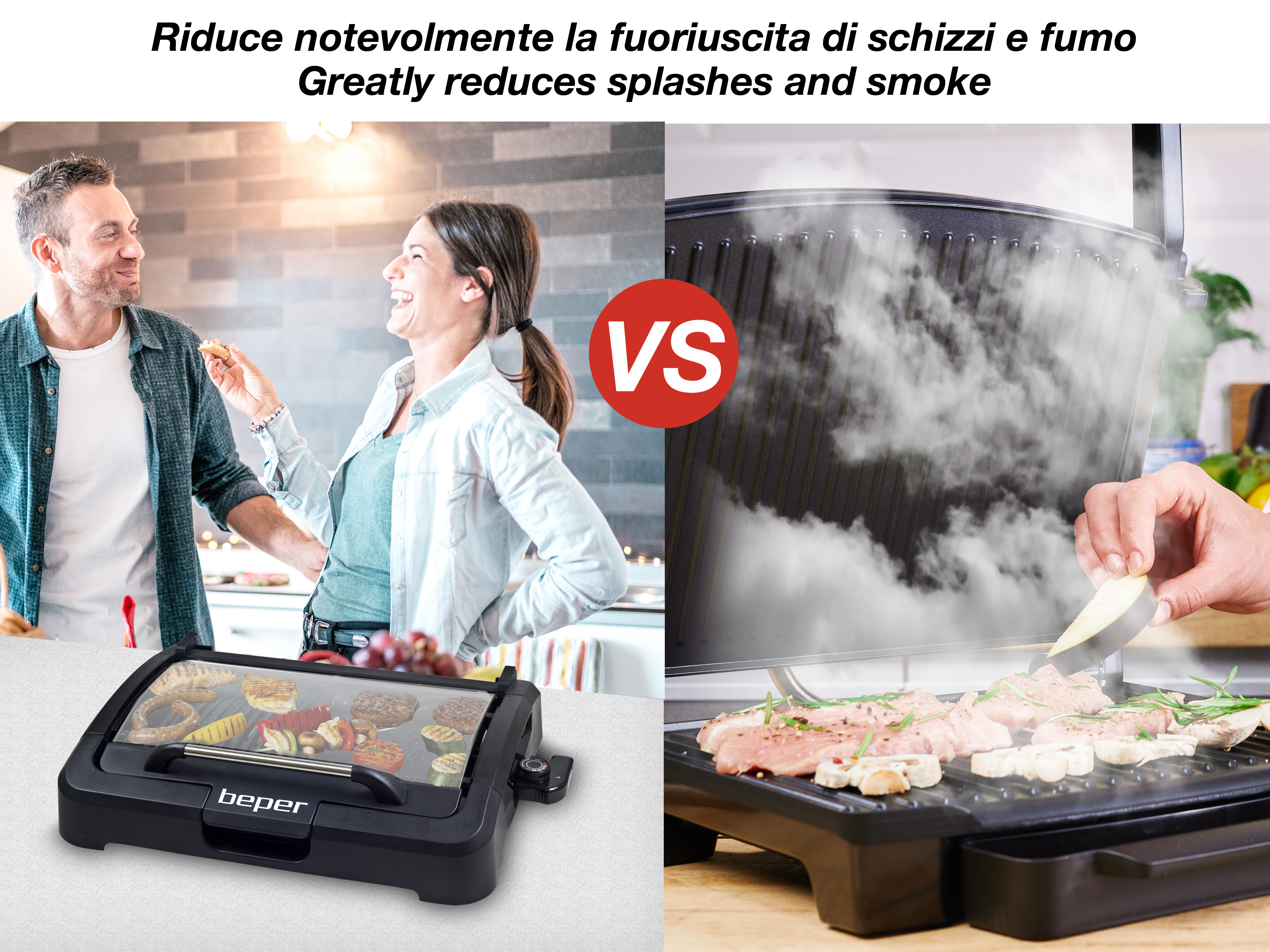 Das Bild zeigt einen Grill mit Menschen und Essen. Eine Seite zeigt Kochen, die andere Menschen. Text: 'Reduziert Spritzer erheblich'.