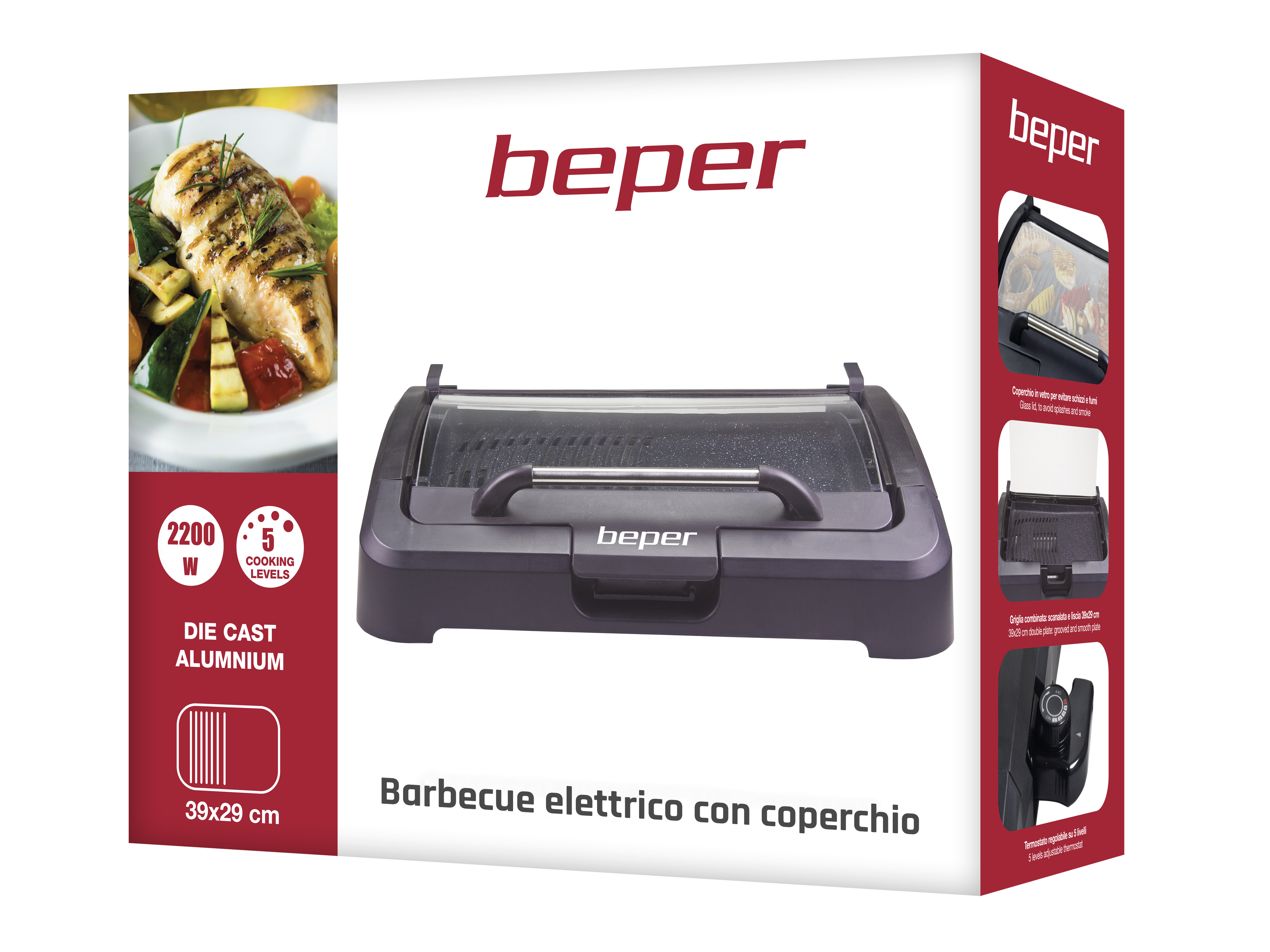 Ein Elektrogrill mit Glasdeckel. Es hat eine Platte, Bedienelemente und den Markennamen 'beper'.