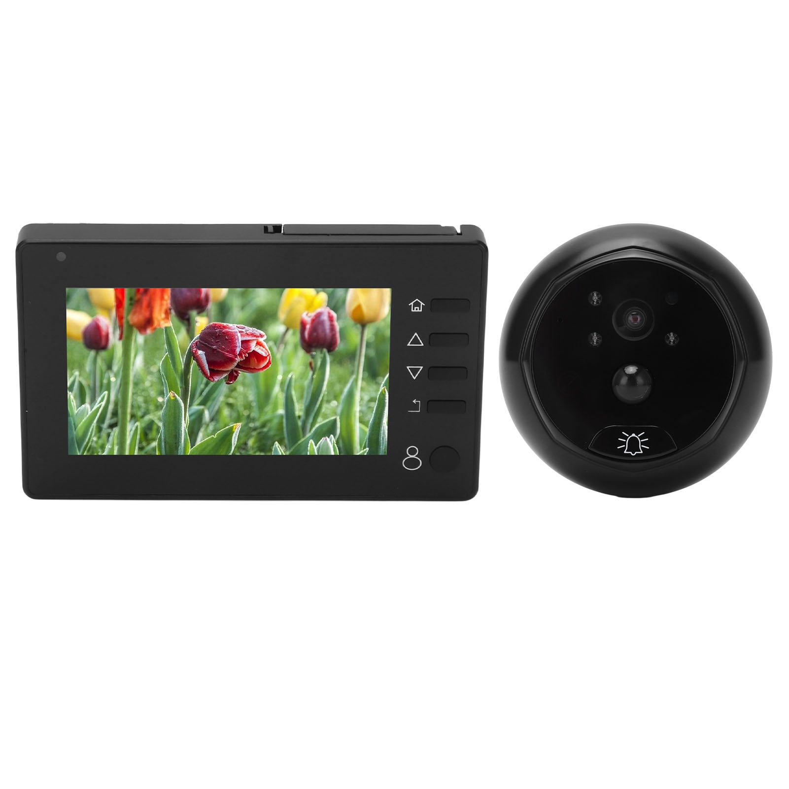 Türklingelsystem mit Monitor, der Blumen zeigt, und schwarzer Kameraeinheit.