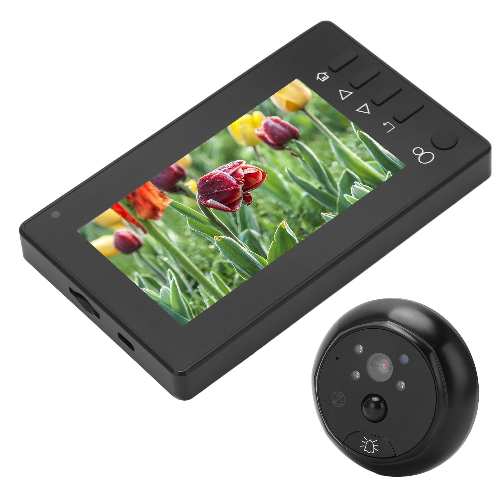 Eine schwarze Video-Türklingel mit einem Bildschirm, der Blumen zeigt, und eine runde Kameraeinheit.