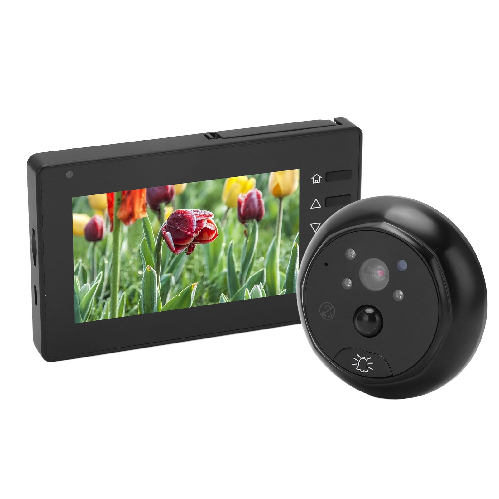 Ein schwarzes Video-Türklingelsystem mit einem Bildschirm, der Blumen zeigt. Die Kamera ist rund und schwarz.
