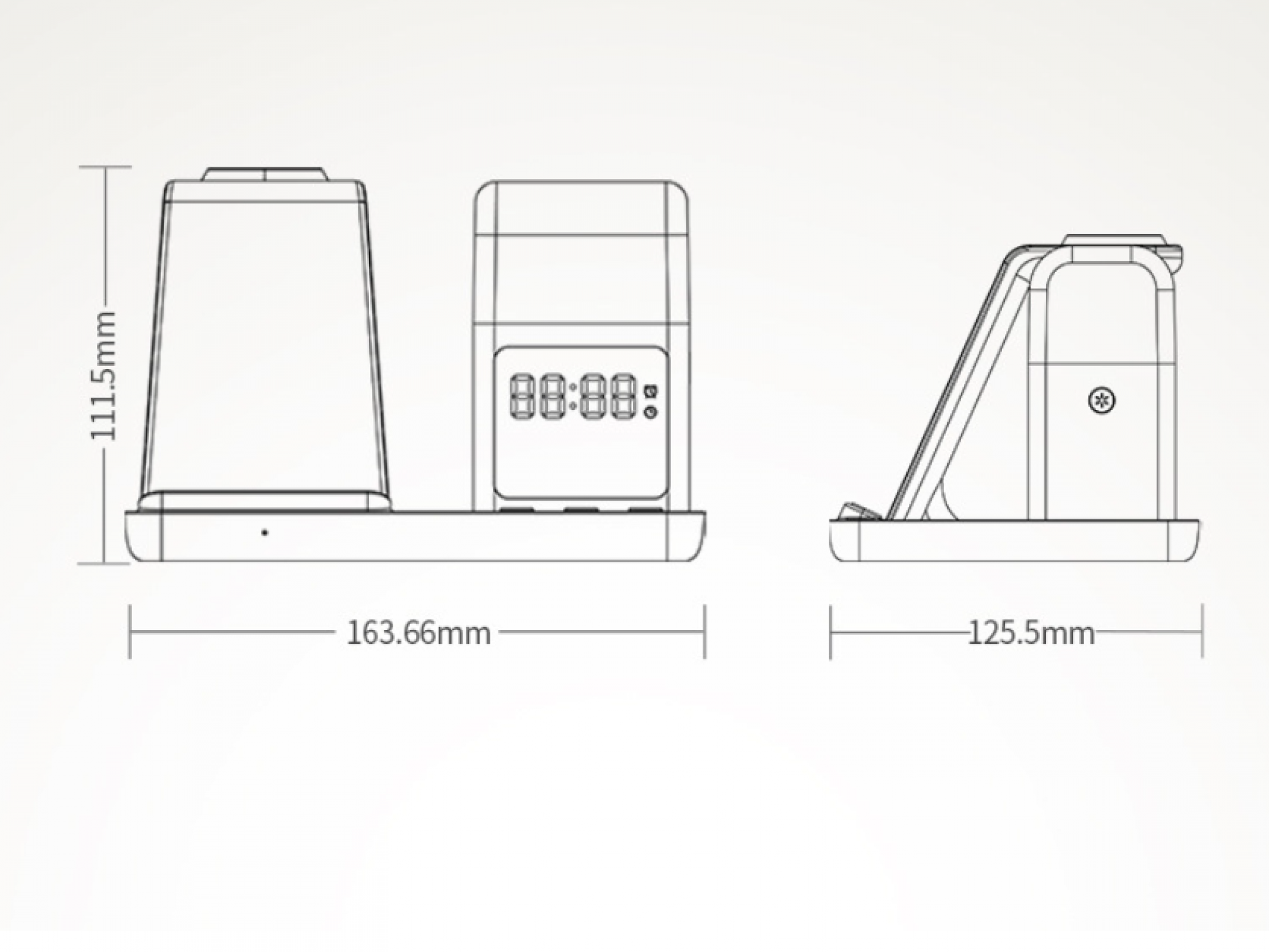 Drei technische Zeichnungen eines Geräts mit Abmessungen. Eine zeigt eine Uhr, eine andere eine Ladestation und eine das komplette Setup.