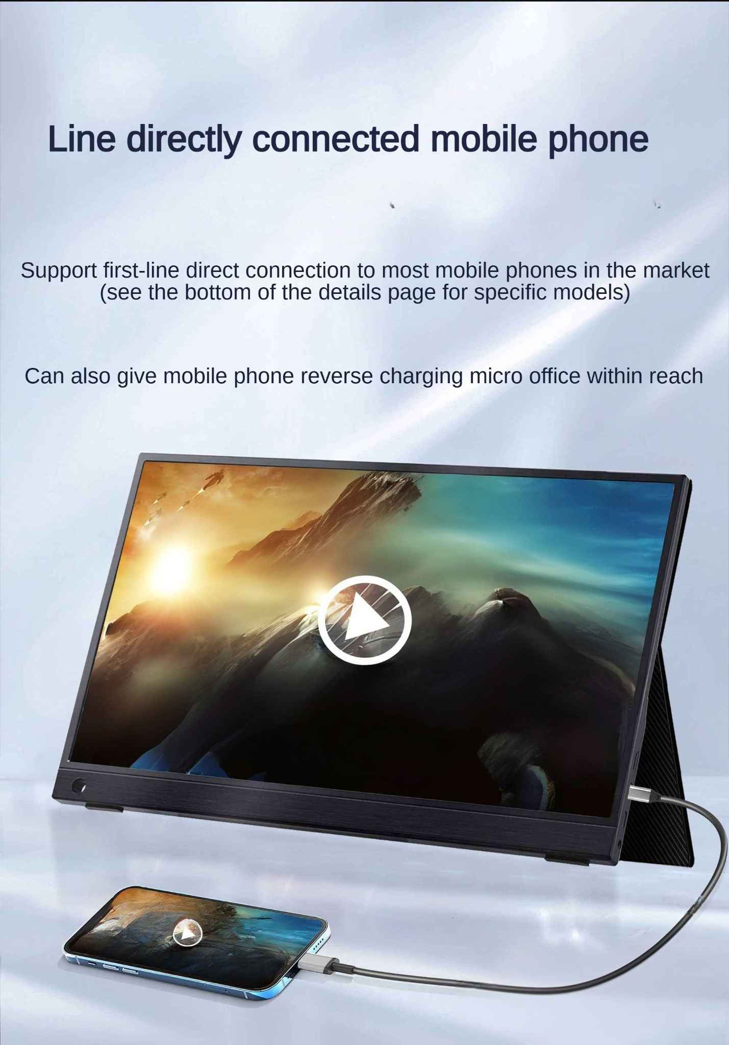Ein Telefon, das über ein Kabel mit einem Monitor verbunden ist. Der Monitor zeigt eine Wiedergabetaste auf einem Landschaftsbild.