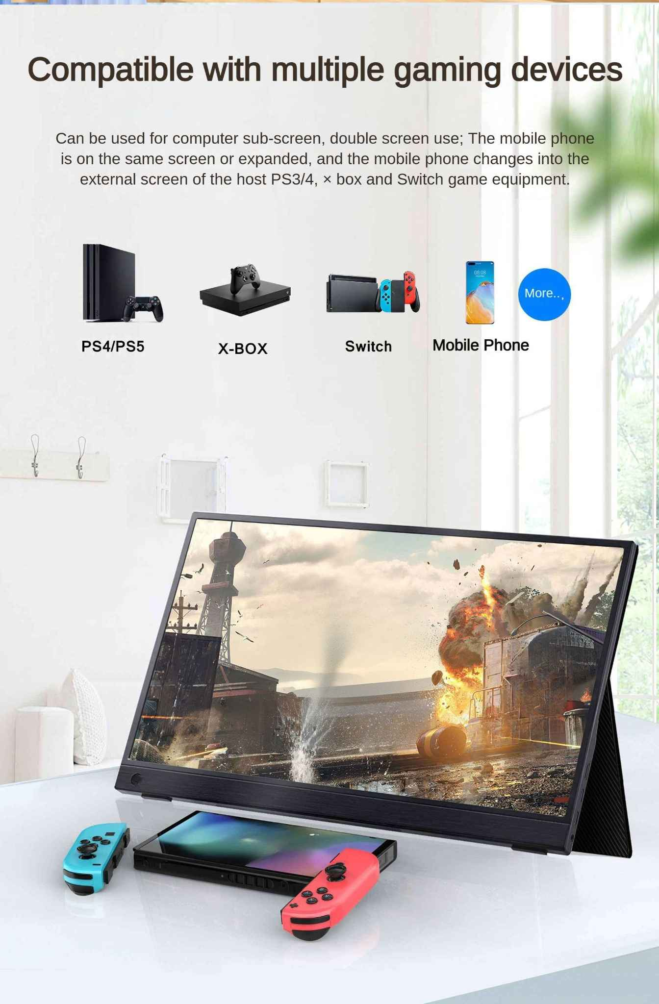 Ein Monitor zeigt eine Spielszene. Controller und Spielkonsolen sind im Hintergrund. Der Text besagt, dass er mit Geräten kompatibel ist.