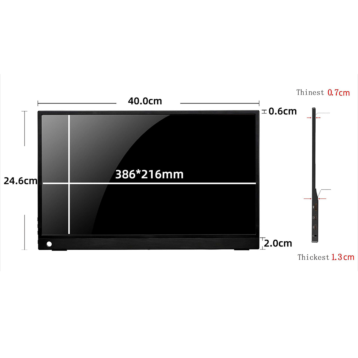 Schwarzer Bildschirm mit Maßen: 40,0 cm breit, 24,6 cm hoch. Anzeigegröße ist 386*216mm. Seitenansicht: 0,7 cm dünn, 1,3 cm dick.