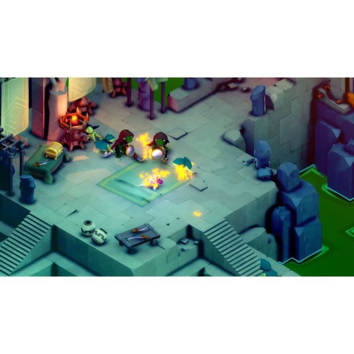 Vista isometrica di una scena di gioco. Personaggi con scudi e mantelli combattono in un'area luminosa. Vari oggetti e strutture li circondano.