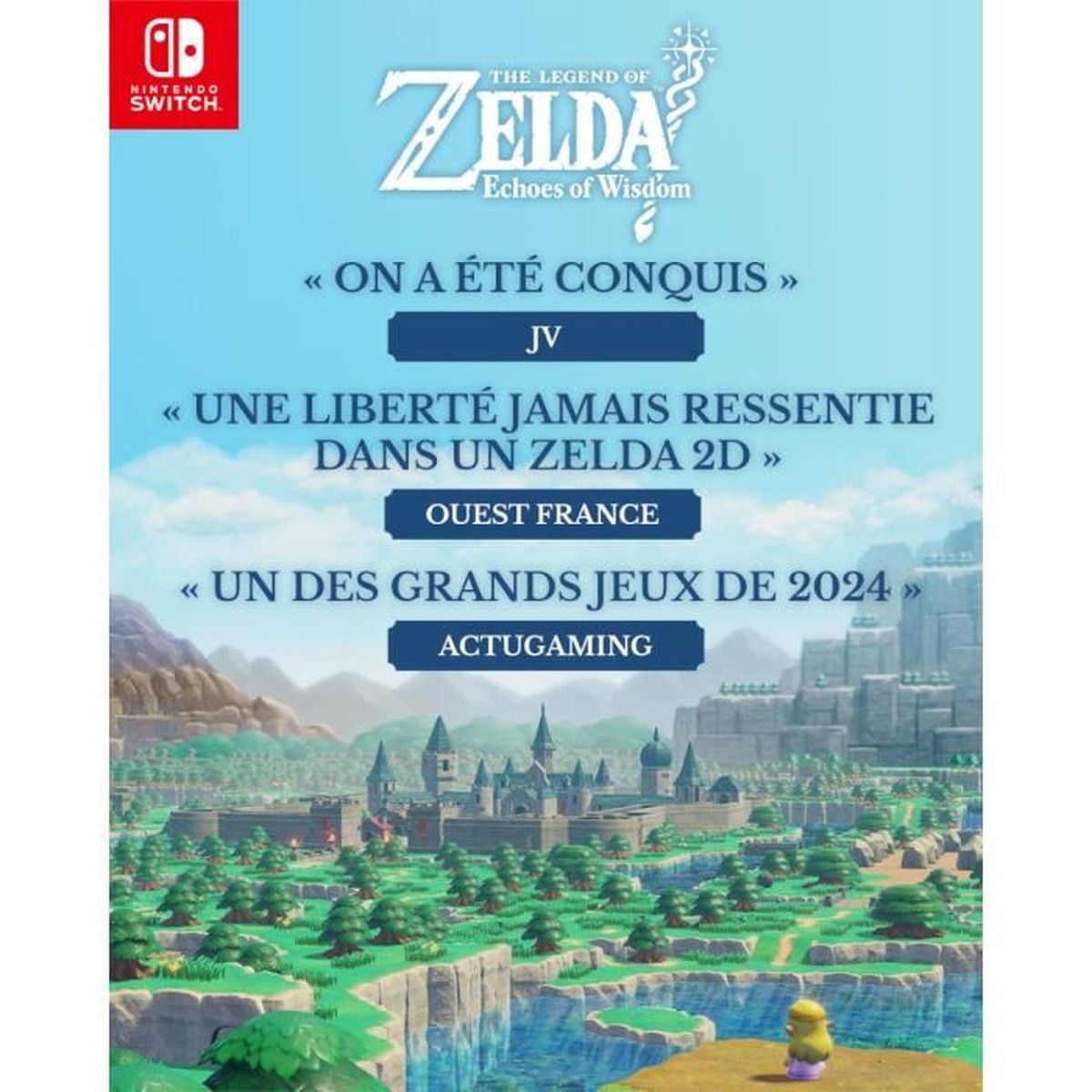 Copertina del gioco The Legend of Zelda: Echoes of Wisdom. Mostra un castello, terreno e un personaggio. Il testo include recensioni e il logo Nintendo Switch.