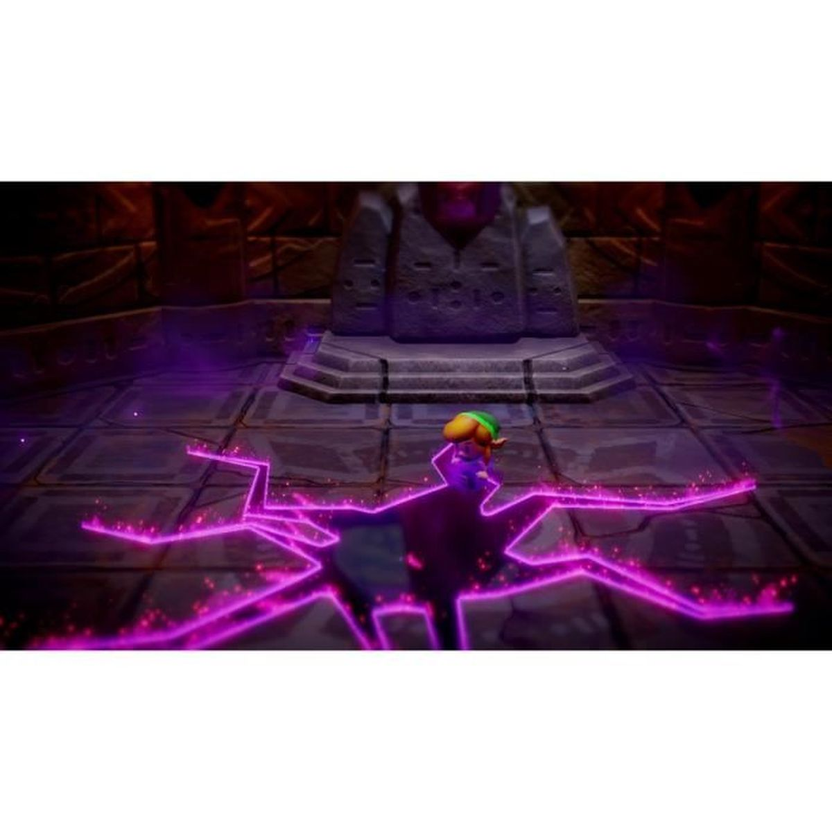 Una scena di un videogioco con un personaggio in piedi su un pavimento incrinato. Linee viola brillanti emanano dalla crepa.