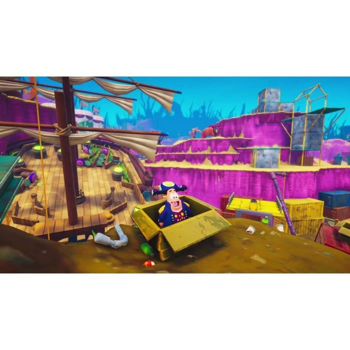 Un pirata dei cartoni animati è in una scatola su una nave. La scena include un'isola viola e dei container. Il cielo è blu.