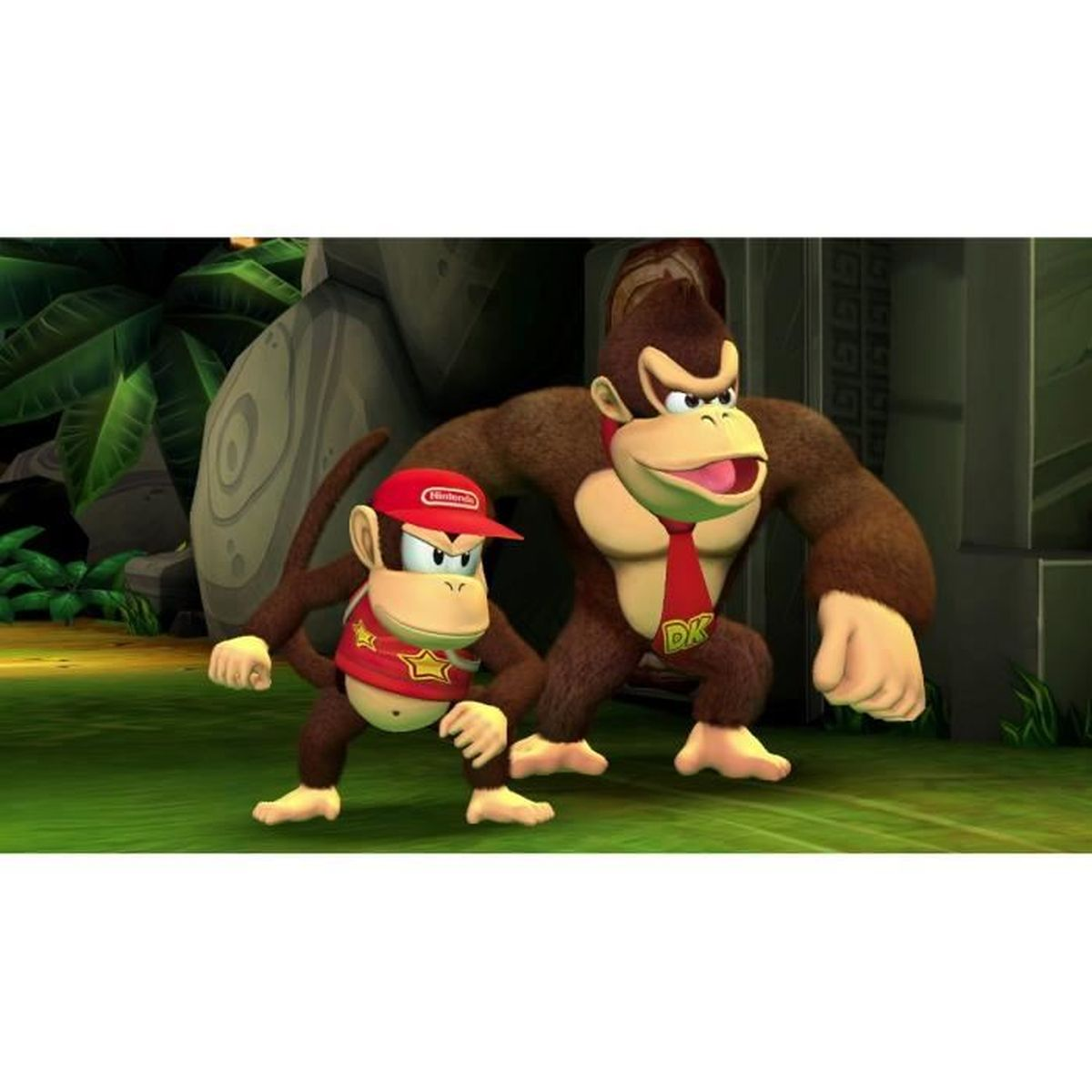 Donkey Kong i Diddy Kong razem. Donkey Kong ma czerwoną krawatkę z "DK". Diddy Kong ma czerwoną czapkę i kamizelkę.