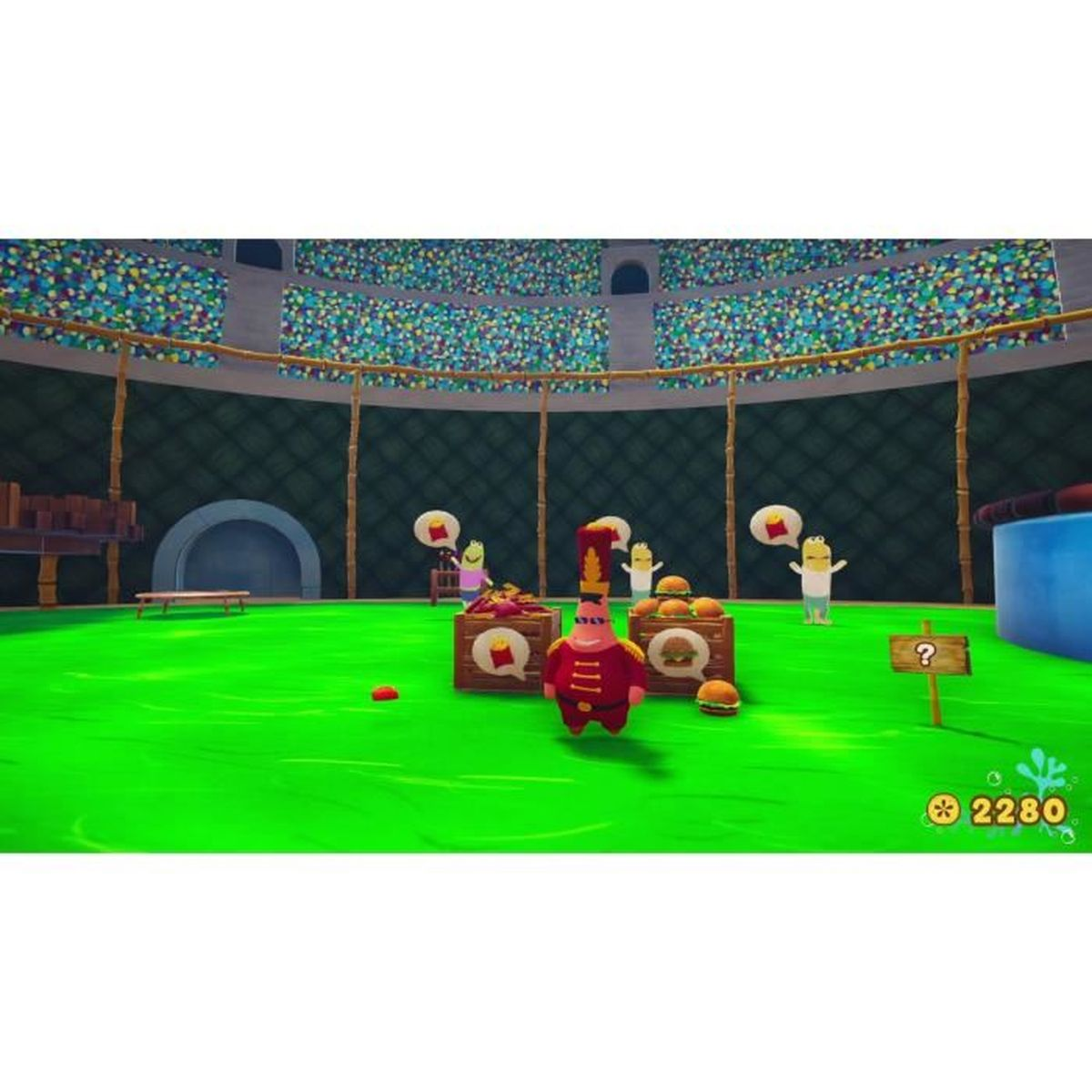 Una scena a cartoni animati con personaggi, bancarelle di cibo e uno stadio. Un personaggio in rosso è di fronte a scatole di cibo. Altri personaggi sono sullo sfondo.