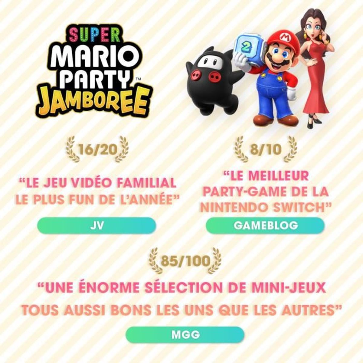 Werbeanzeige für Super Mario Party Jamboree mit Charakteren, Bewertungen und Text auf Französisch.