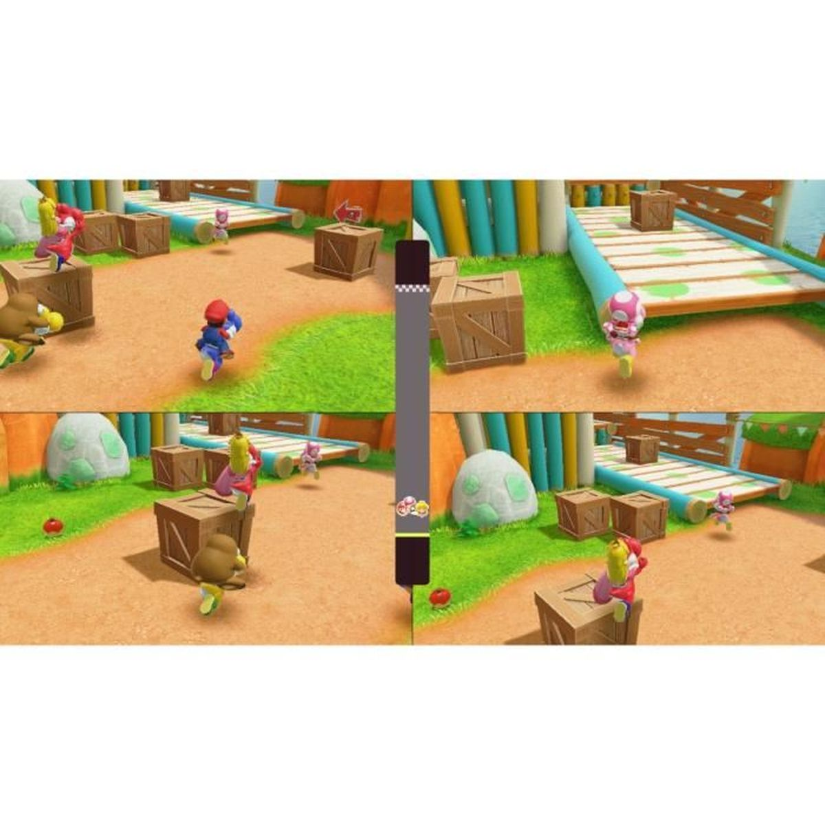 Mario rennt auf einem Weg mit anderen Charakteren, Holzkisten und Brücken. Der Hintergrund hat einen blauen Himmel und Wasser.