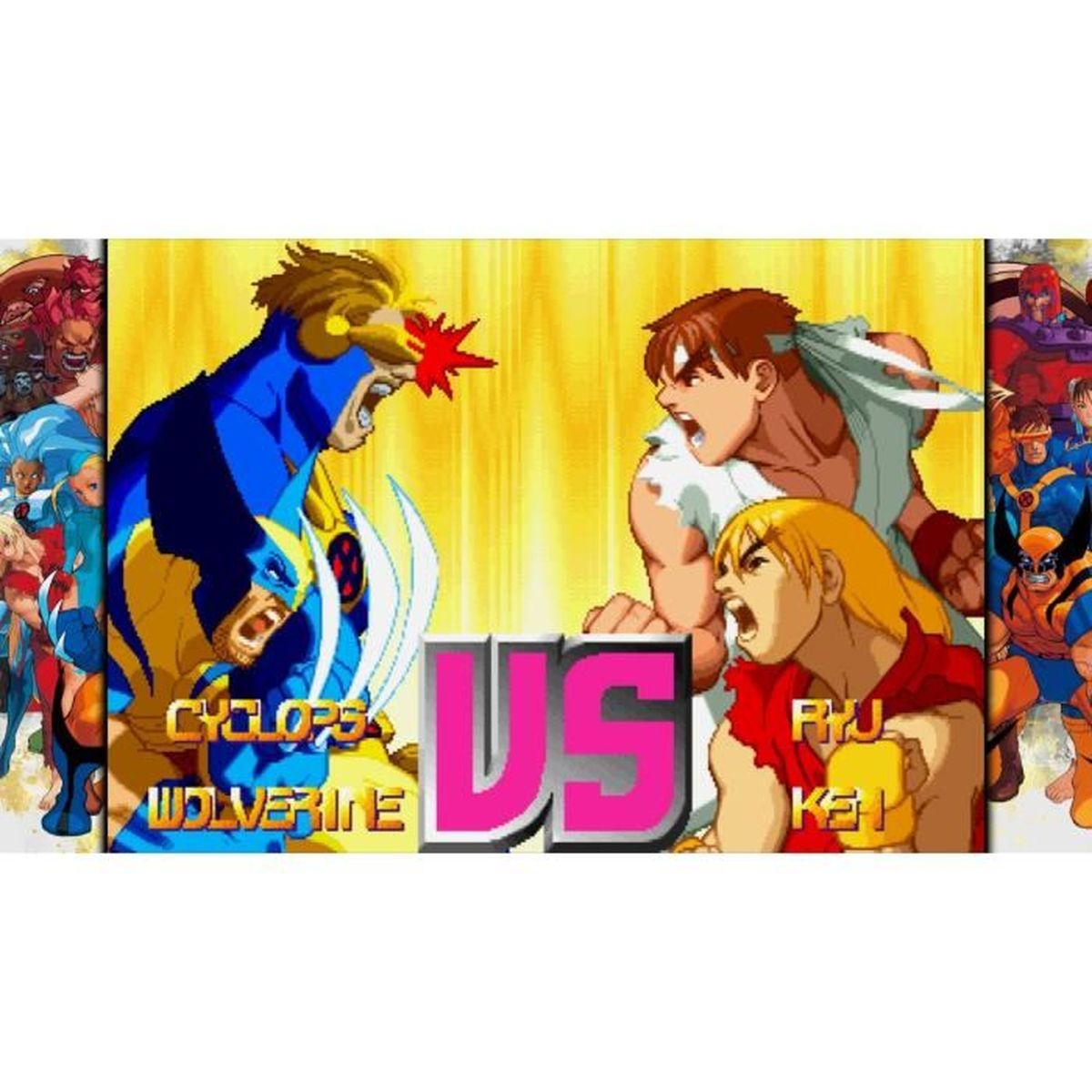 Obraz w stylu komiksu. Cyclops i Wolverine vs. Ryu i Ken. Słowo "US" jest pośrodku w kolorze różowym.