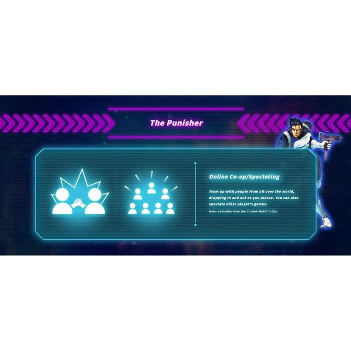 Interfejs gry The Punisher. Zawiera tekst Online Co-op/Spectating, ikony i postać trzymającą broń. Schemat kolorów fioletowy i niebieski.