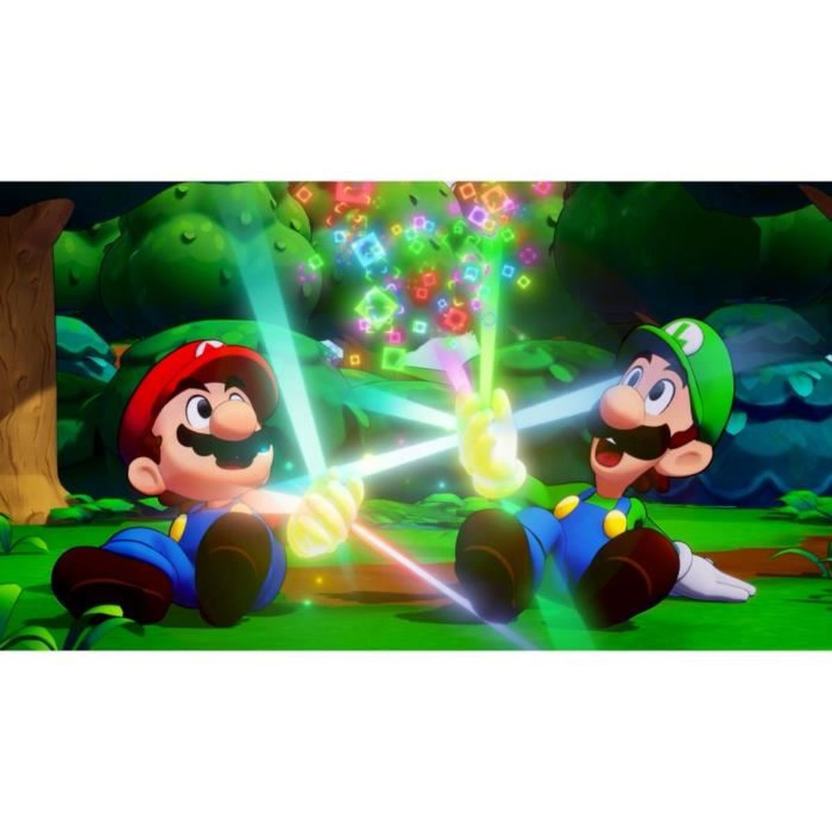 Mario e Luigi tengono energia luminosa, circondati da scintille colorate. Sono seduti sull'erba davanti agli alberi.