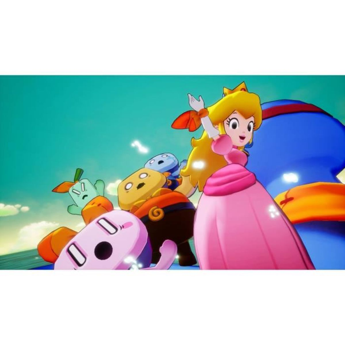 Principessa Peach con altri personaggi. Lo sfondo ha una figura blu. Sono in un ambiente colorato e fumettistico.