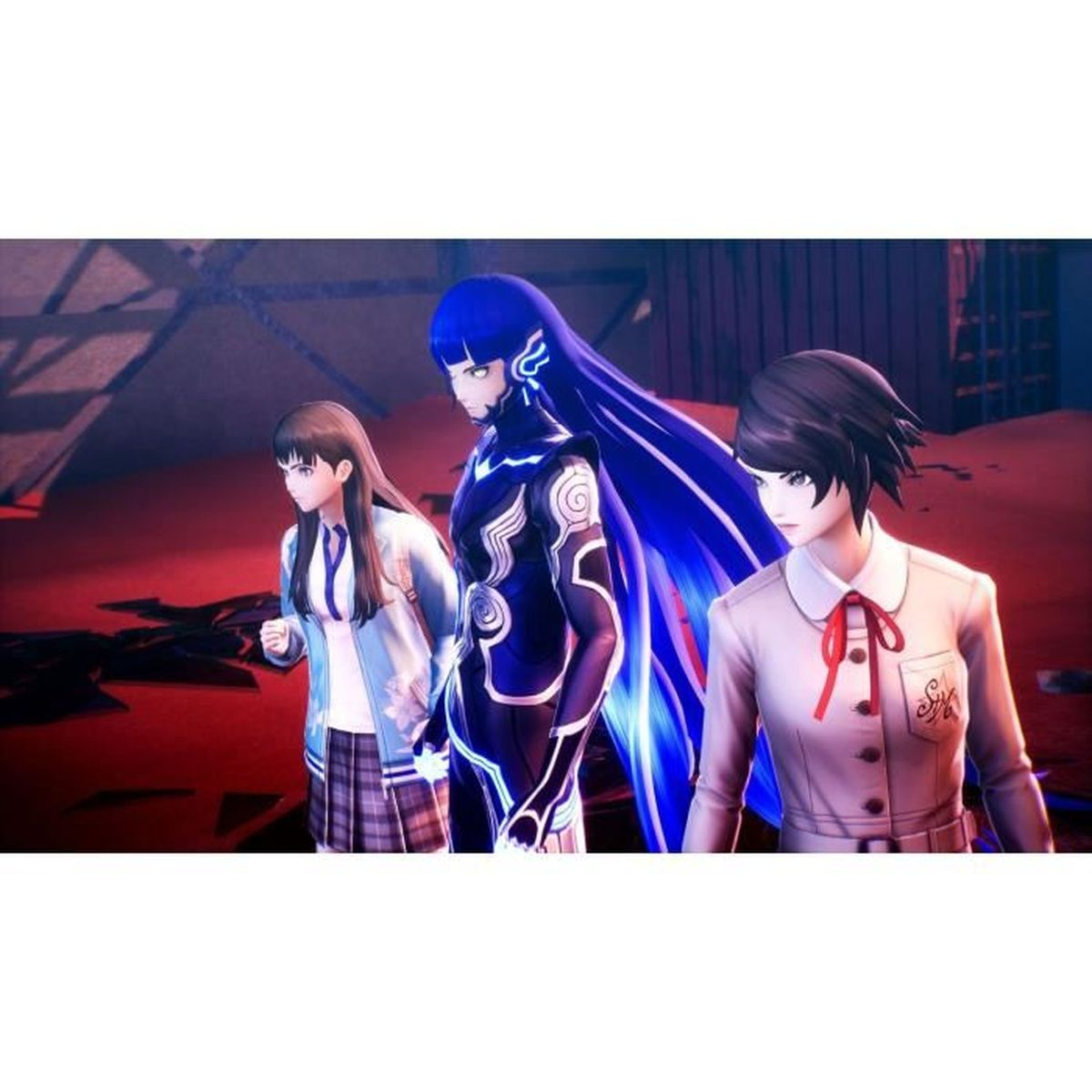 Tre personaggi anime su una superficie rossa. Una donna con lunghi capelli blu è al centro, affiancata da altri due.