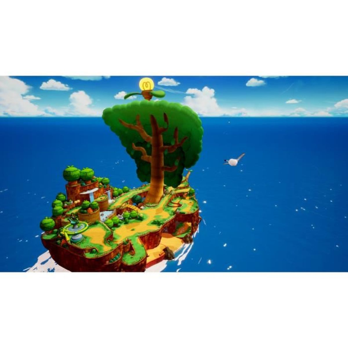 Un'isola dei cartoni animati fluttua in acqua blu sotto un cielo blu. Un grande albero cresce sull'isola. Un uccello vola vicino.