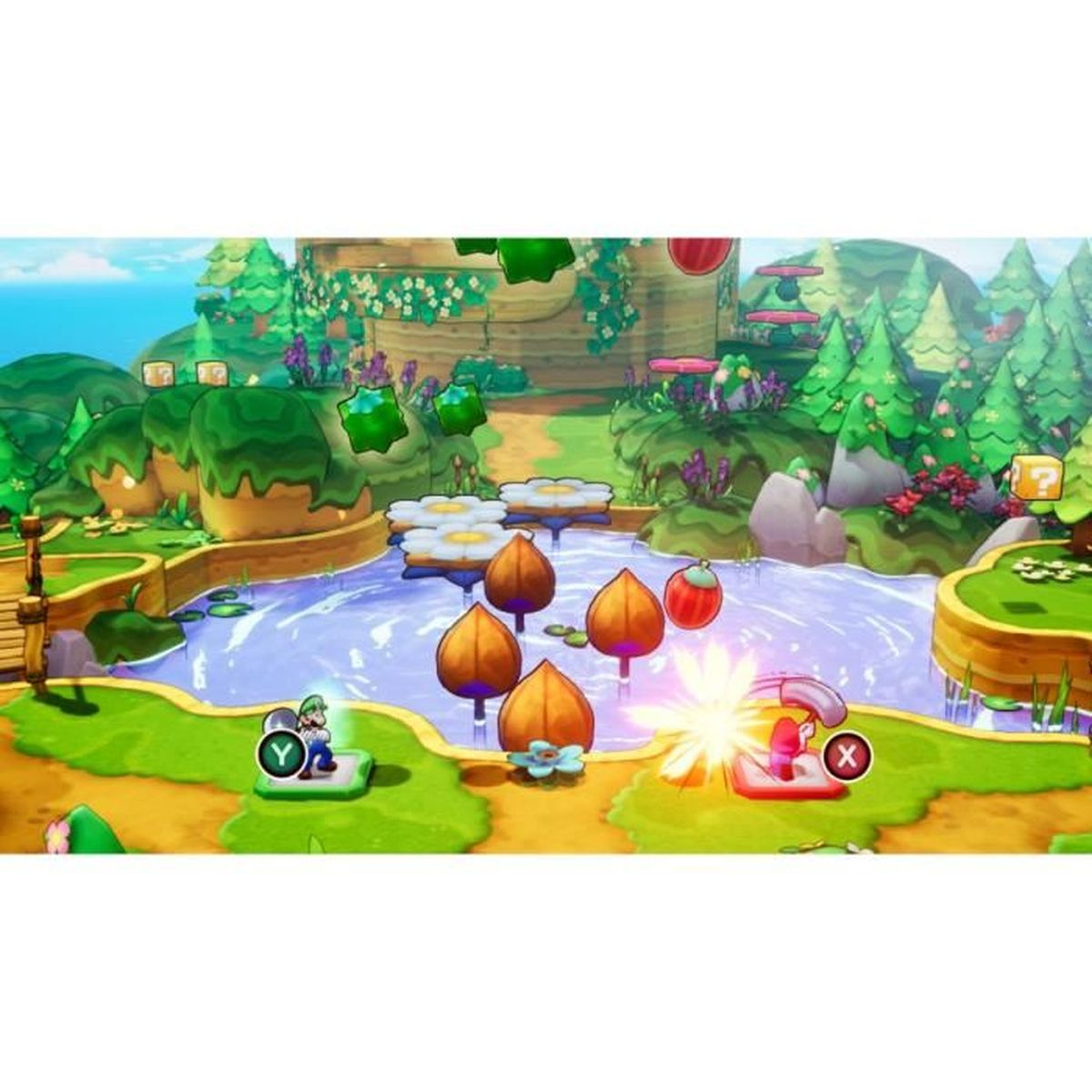 Una scena di videogioco colorata con acqua, alberi e oggetti fluttuanti. Sono presenti personaggi ed elementi interattivi.