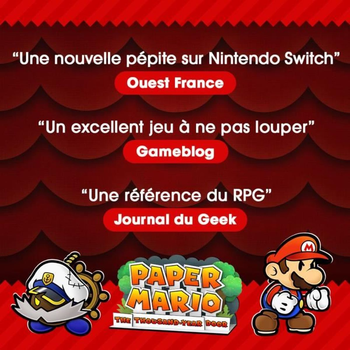 Bild mit Mario in roter Mütze. Der Spieltitel Paper Mario wird mit drei Bewertungen angezeigt, die das Spiel loben.