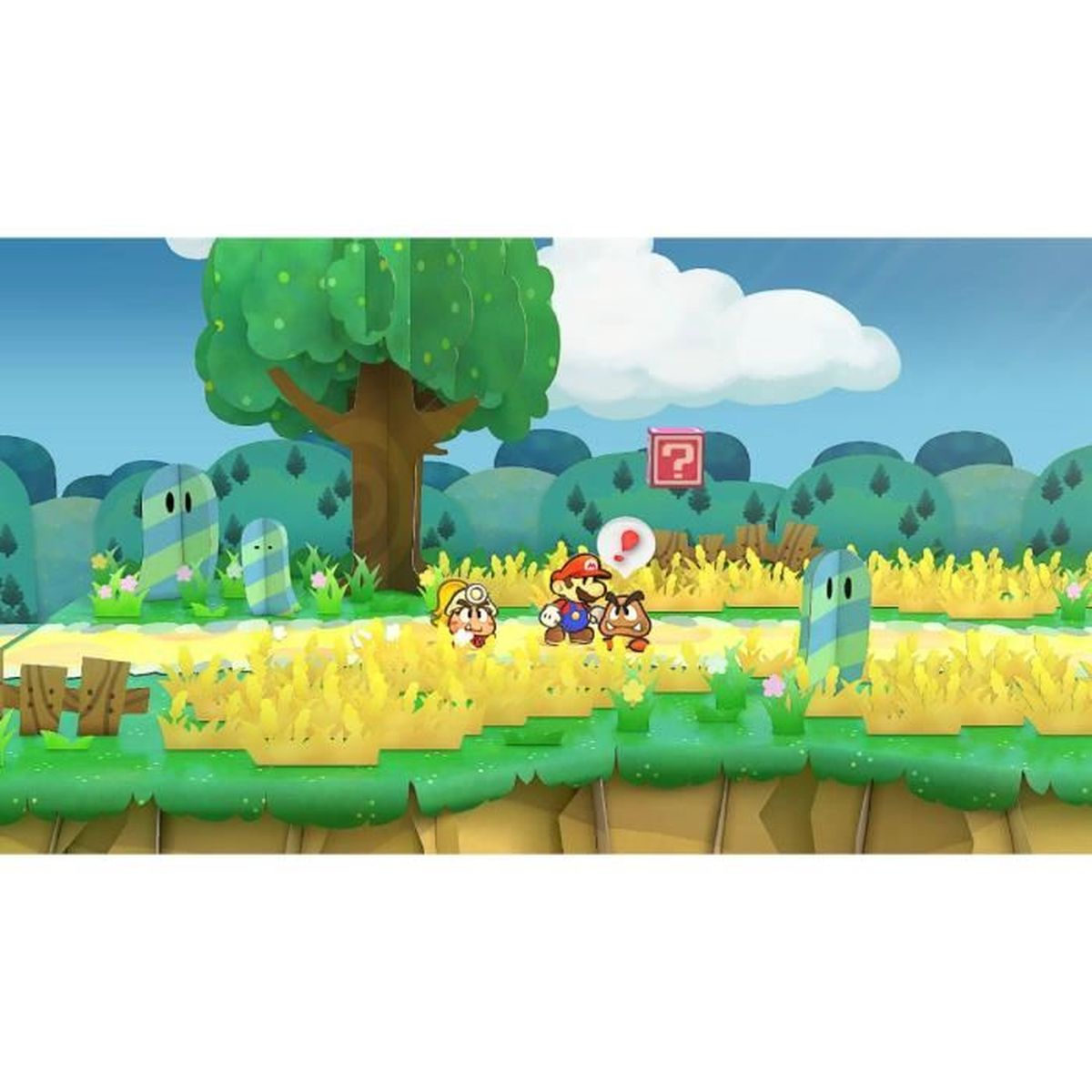 Mario und Freunde in einer Cartoon-Landschaft. Im Hintergrund befinden sich ein Baum und einige Hügel. Ein Fragezeichen-Block ist sichtbar.