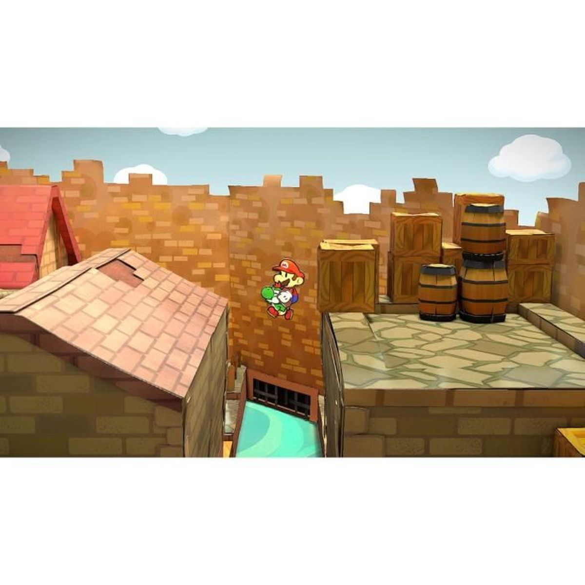 Mario und Yoshi springen in einer Stadt im Papierstil. Braune Gebäude, Fässer und Kisten. Blauer Himmel mit Wolken im Hintergrund.