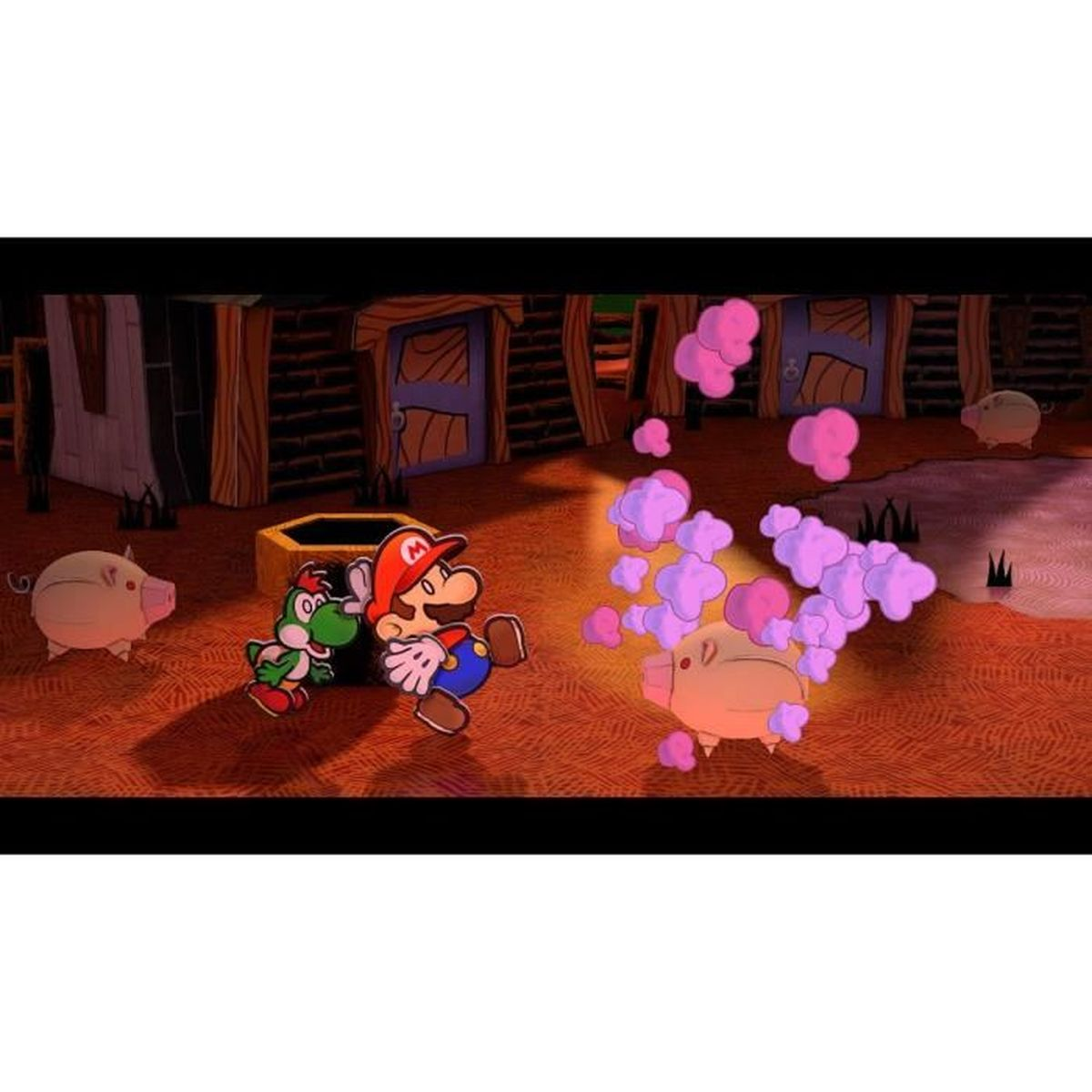 Mario und Yoshi rennen vor einem Schwein davon, das lila Rauch ausstößt. Im Hintergrund sind andere Schweine und Holzstrukturen.