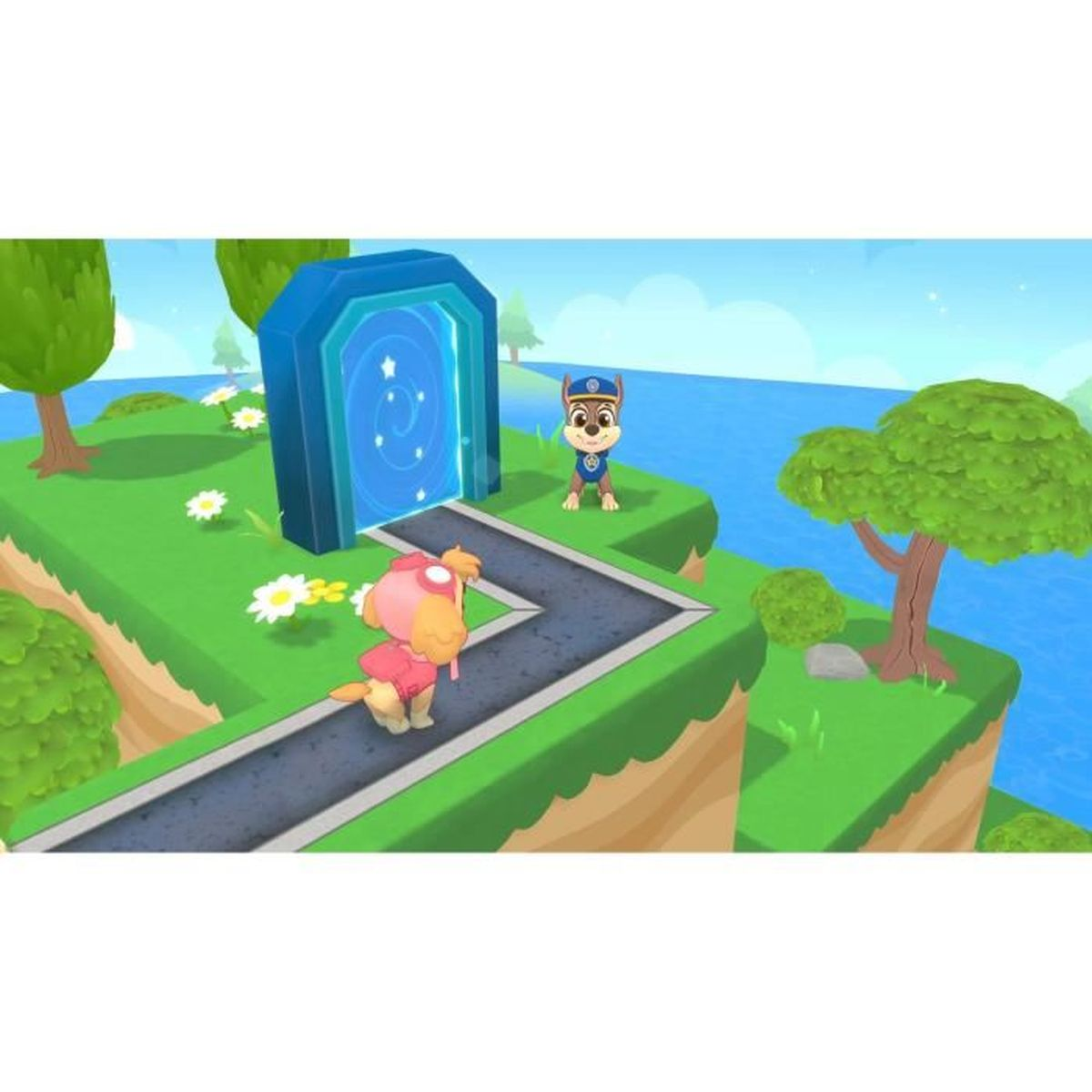 Zwei Paw Patrol-Charaktere in der Nähe eines blauen Portals. Skye geht darauf zu, Chase steht daneben. Grünes Land mit Bäumen.