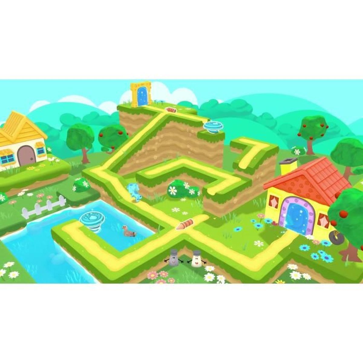 Cartoon-Landschaft mit Häusern, Wegen, Wasser und Bäumen. Charaktere und Objekte sind über die Szene verstreut.