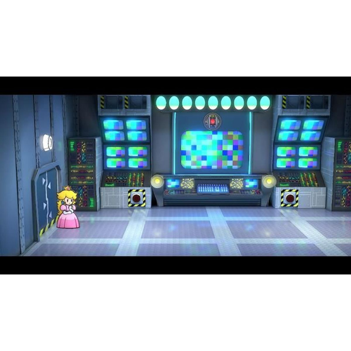 Prinzessin Peach in einem Kontrollraum. Großer Bildschirm mit bunten Pixeln und Bedienfeldern. Grau-blaues Farbschema.