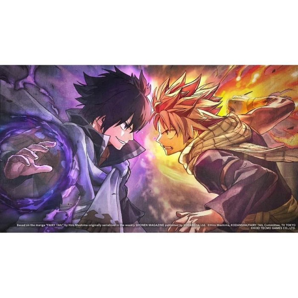 Zwei Anime-Charaktere stehen sich gegenüber. Einer hat dunkles Haar und eine lila Aura, der andere hat feuriges Haar. Der Hintergrund zeigt Flammen und dunkle Wolken.