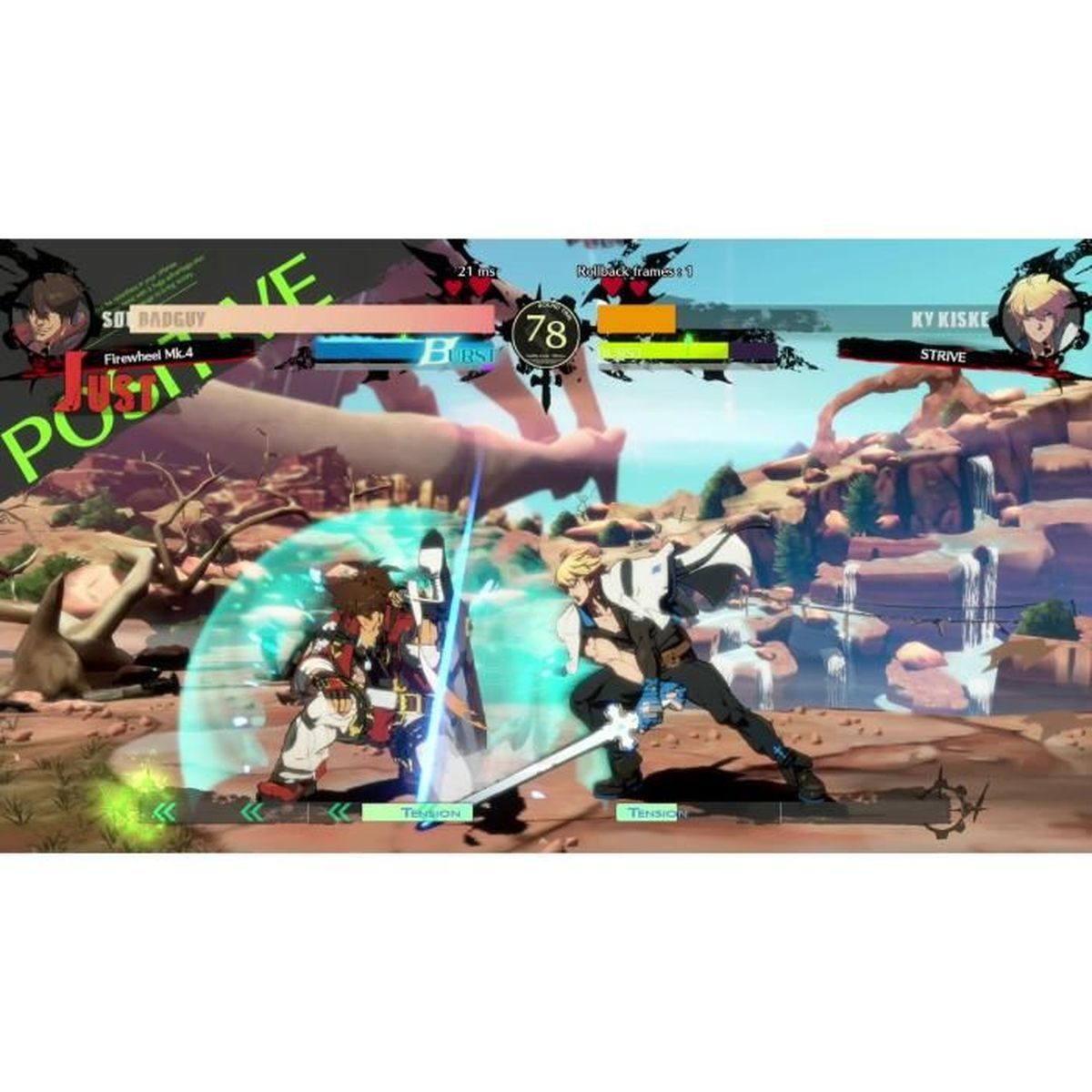 Due personaggi in un gioco di combattimento. Uno ha una spada, l'altro è circondato da un'aura blu. Interfaccia di gioco presente.