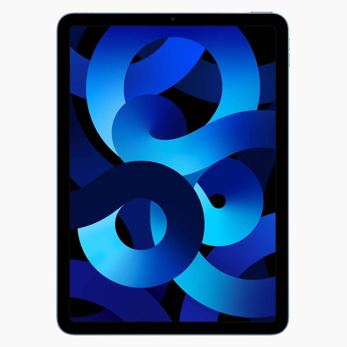 Un tablet con cornice blu. Lo schermo mostra forme blu astratte su sfondo nero. Il tablet è su sfondo bianco.